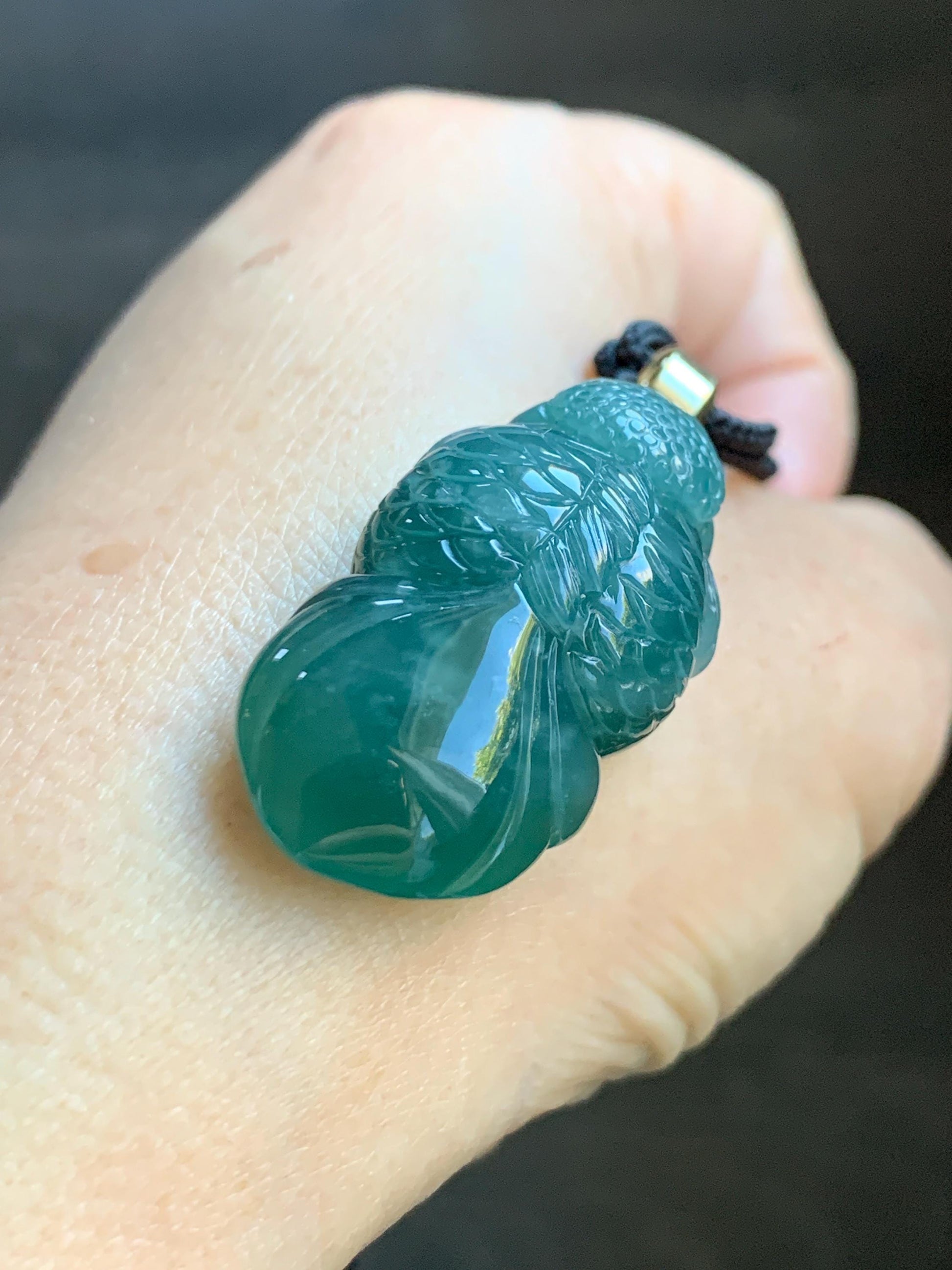 Natural Grade A Guatemalan Icy Translucent Dark Teal Blue Jade Jadeite Carved Goldfish Pendant Rope Necklace 25" 19g 天然冰危蓝水翡翠精工金鱼吊坠 WJY161