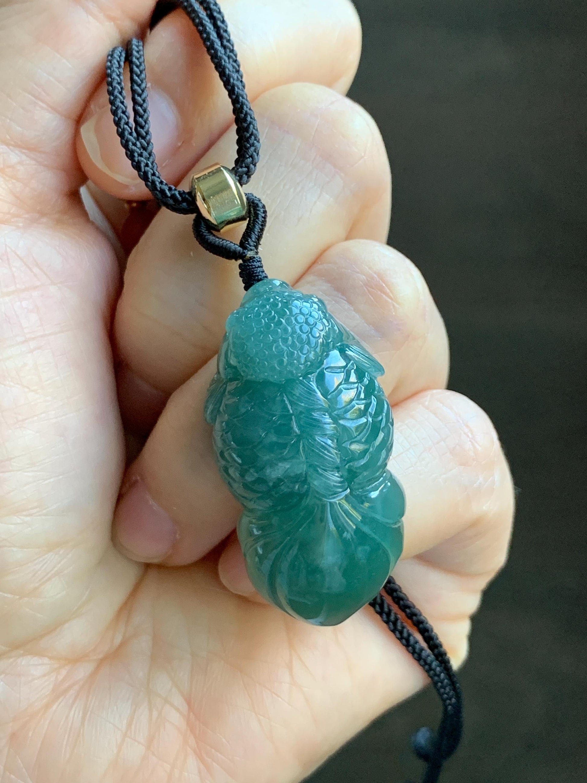 Natural Grade A Guatemalan Icy Translucent Dark Teal Blue Jade Jadeite Carved Goldfish Pendant Rope Necklace 25" 19g 天然冰危蓝水翡翠精工金鱼吊坠 WJY161