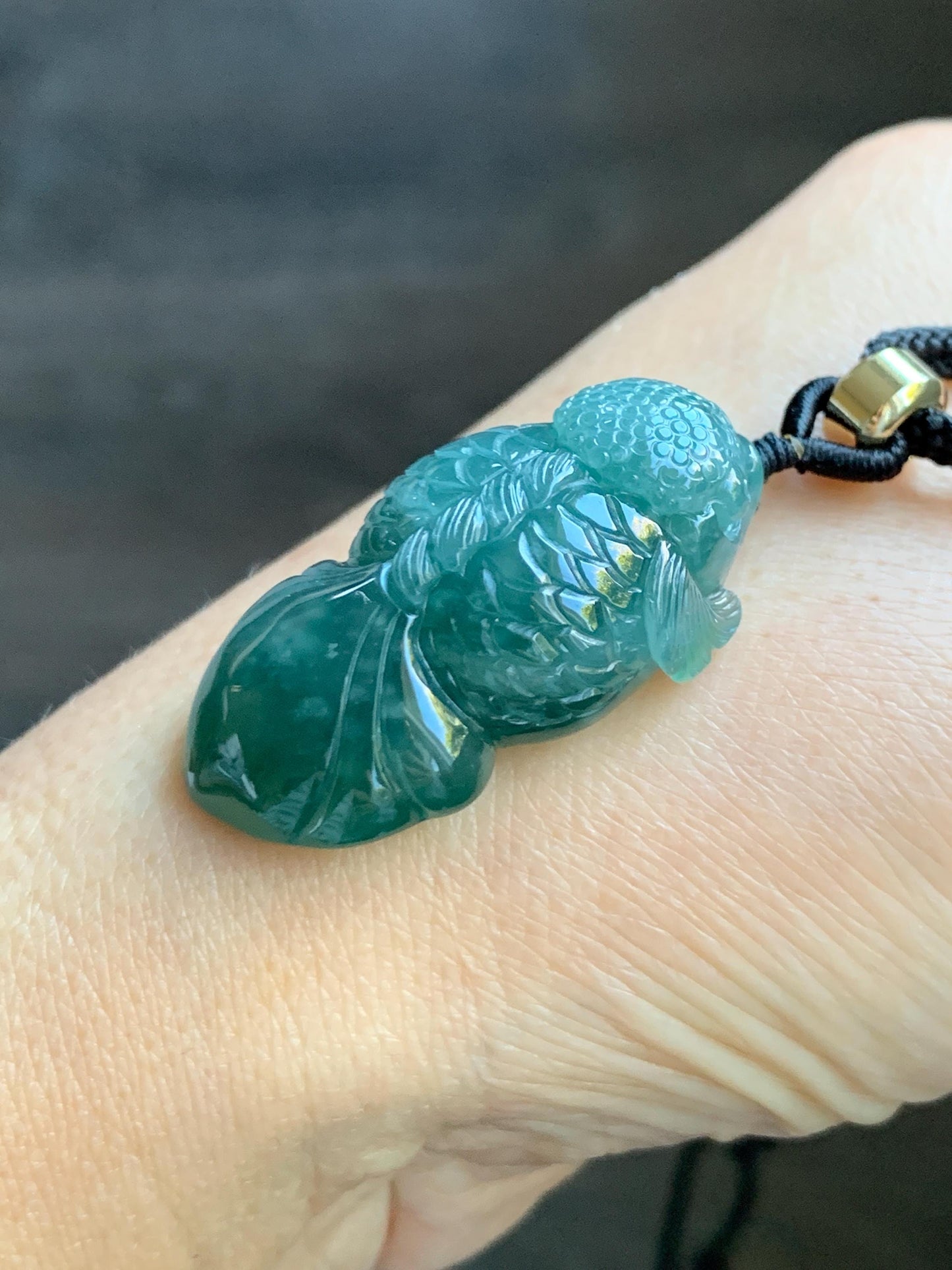 Natural Grade A Guatemalan Icy Translucent Dark Teal Blue Jade Jadeite Carved Goldfish Pendant Rope Necklace 25" 19g 天然冰危蓝水翡翠精工金鱼吊坠 WJY161
