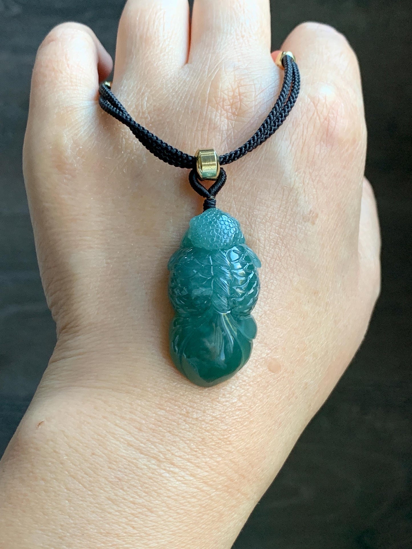 Natural Grade A Guatemalan Icy Translucent Dark Teal Blue Jade Jadeite Carved Goldfish Pendant Rope Necklace 25" 19g 天然冰危蓝水翡翠精工金鱼吊坠 WJY161