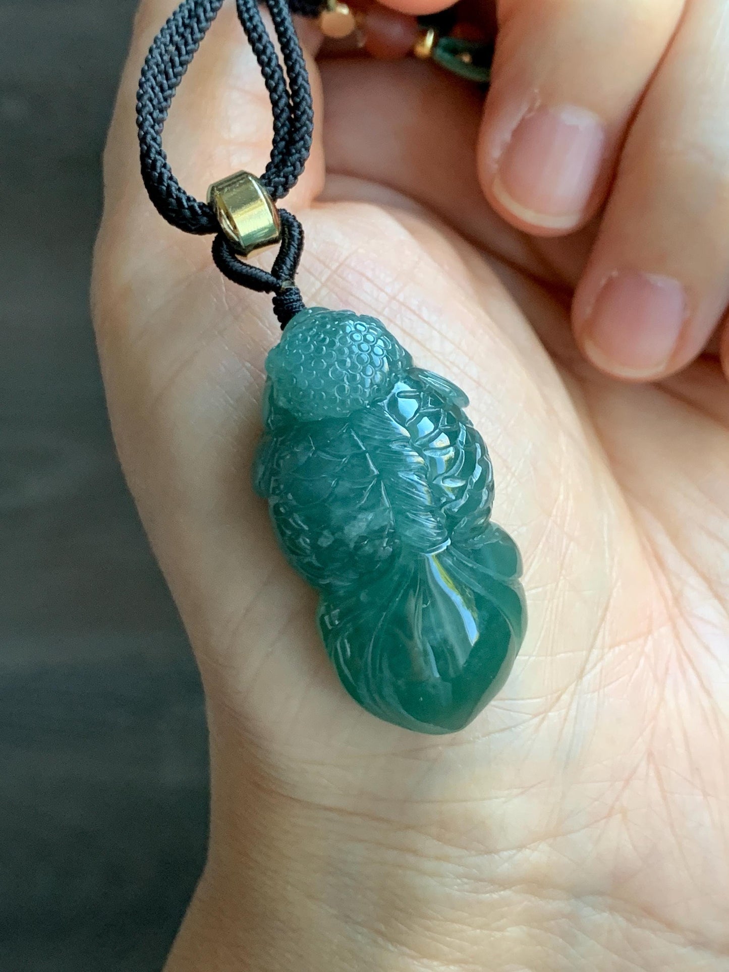 Natural Grade A Guatemalan Icy Translucent Dark Teal Blue Jade Jadeite Carved Goldfish Pendant Rope Necklace 25" 19g 天然冰危蓝水翡翠精工金鱼吊坠 WJY161