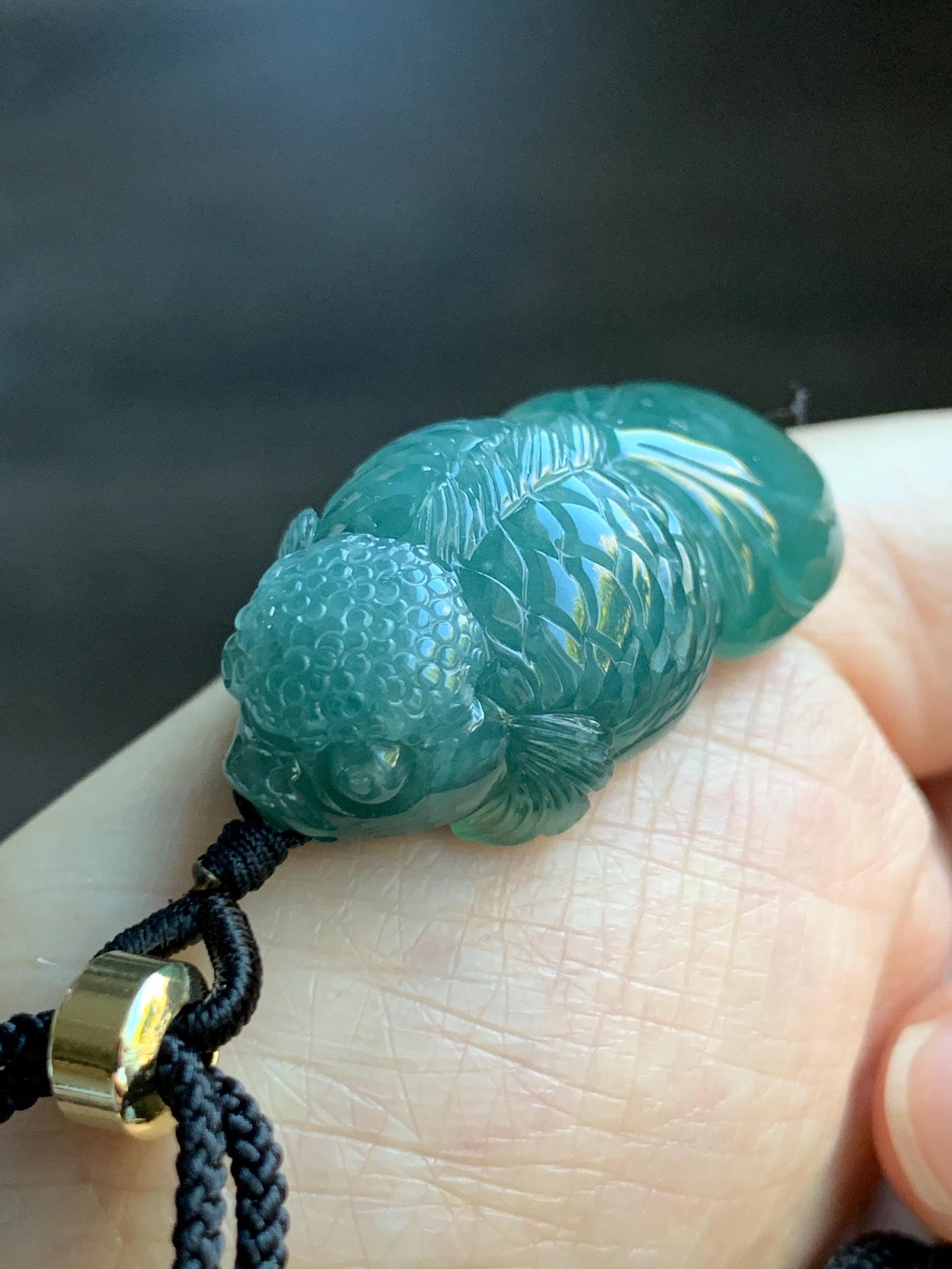 Natural Grade A Guatemalan Icy Translucent Dark Teal Blue Jade Jadeite Carved Goldfish Pendant Rope Necklace 25" 19g 天然冰危蓝水翡翠精工金鱼吊坠 WJY161