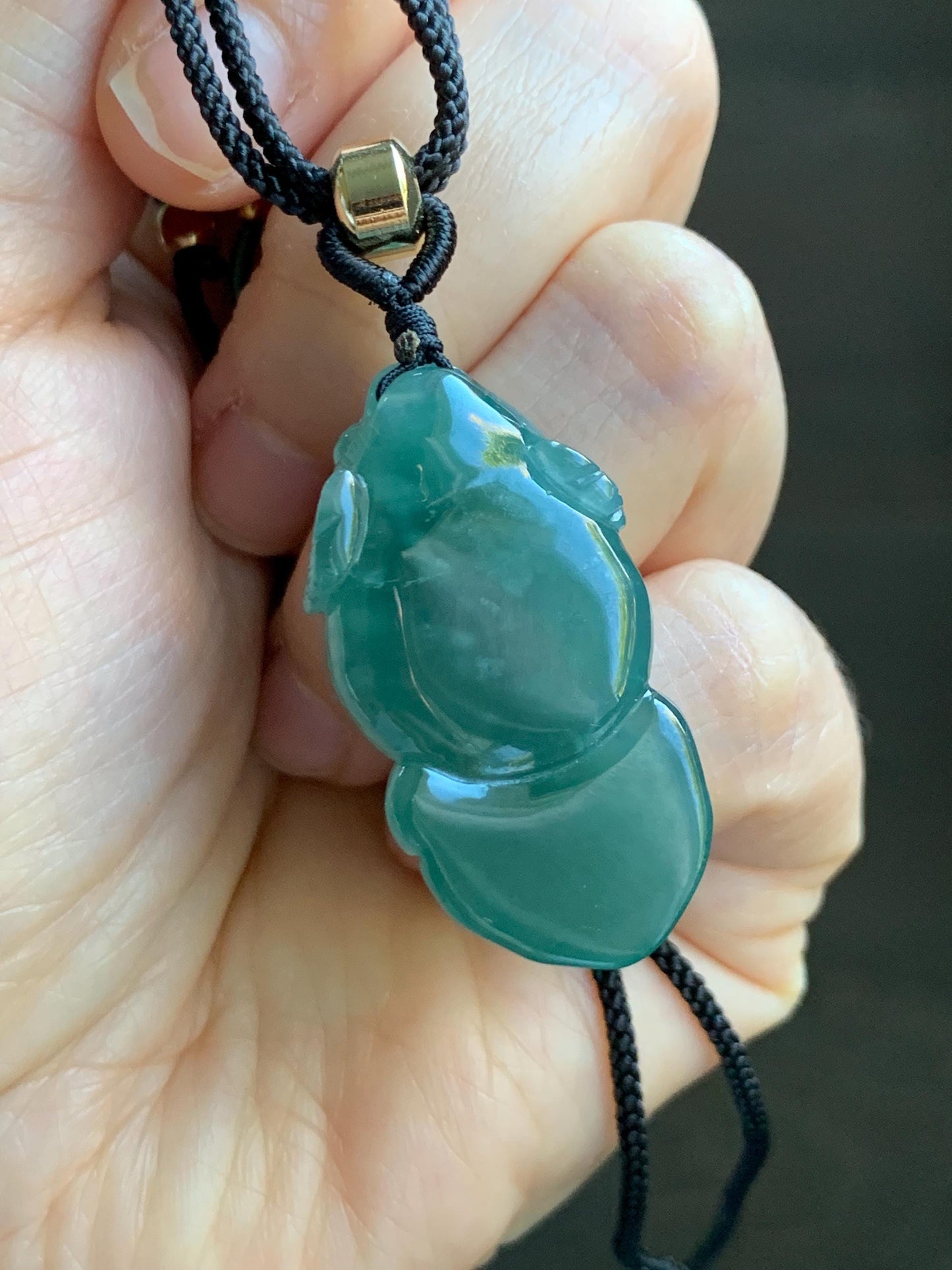 Natural Grade A Guatemalan Icy Translucent Dark Teal Blue Jade Jadeite Carved Goldfish Pendant Rope Necklace 25" 19g 天然冰危蓝水翡翠精工金鱼吊坠 WJY161