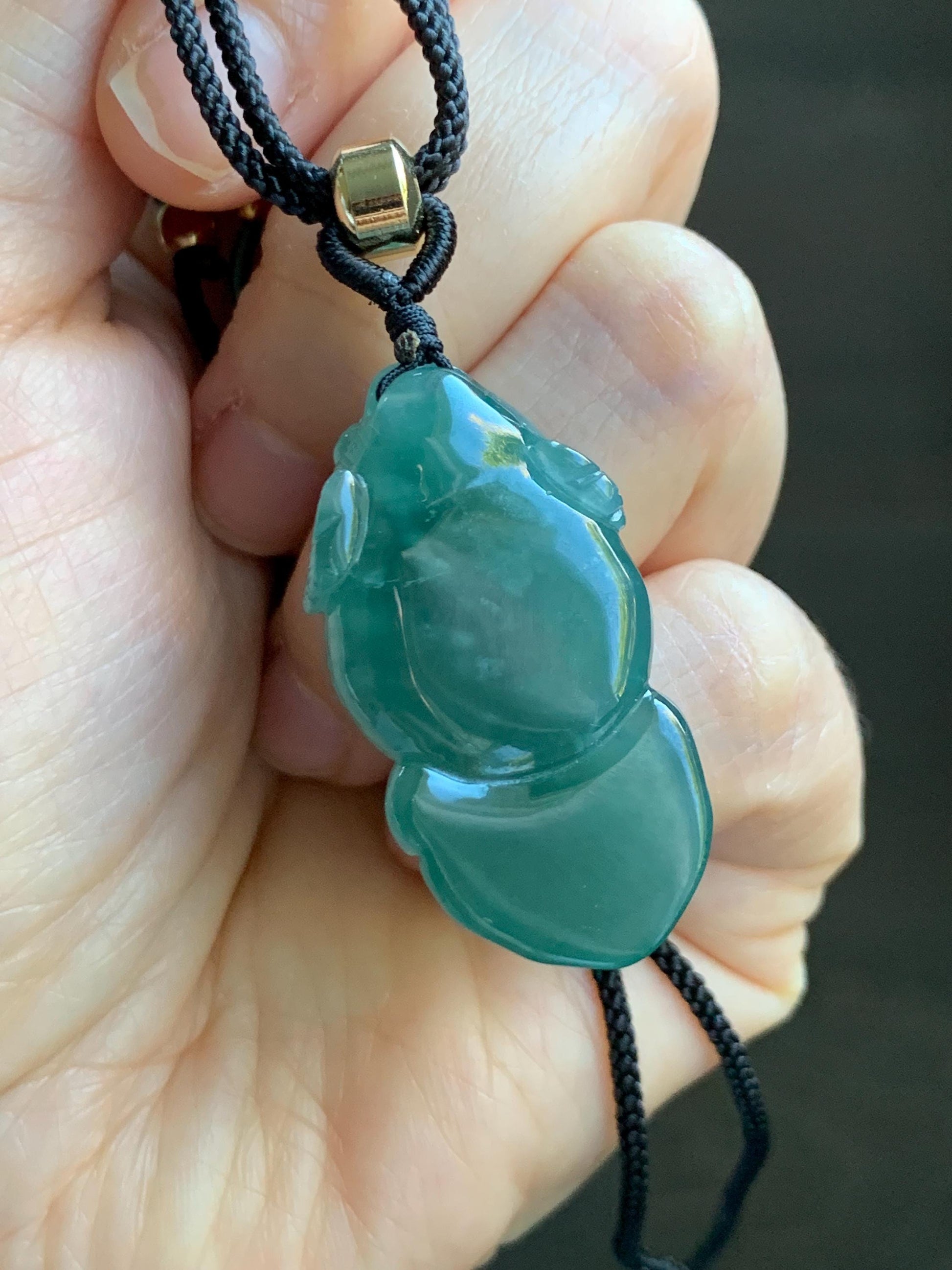 Natural Grade A Guatemalan Icy Translucent Dark Teal Blue Jade Jadeite Carved Goldfish Pendant Rope Necklace 25" 19g 天然冰危蓝水翡翠精工金鱼吊坠 WJY161