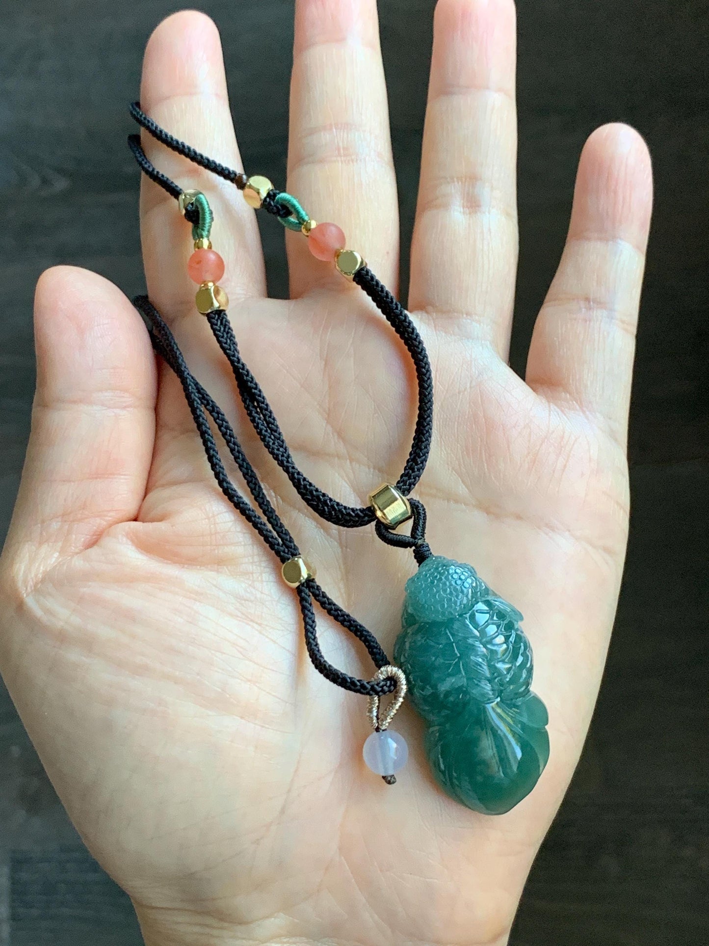 Natural Grade A Guatemalan Icy Translucent Dark Teal Blue Jade Jadeite Carved Goldfish Pendant Rope Necklace 25" 19g 天然冰危蓝水翡翠精工金鱼吊坠 WJY161