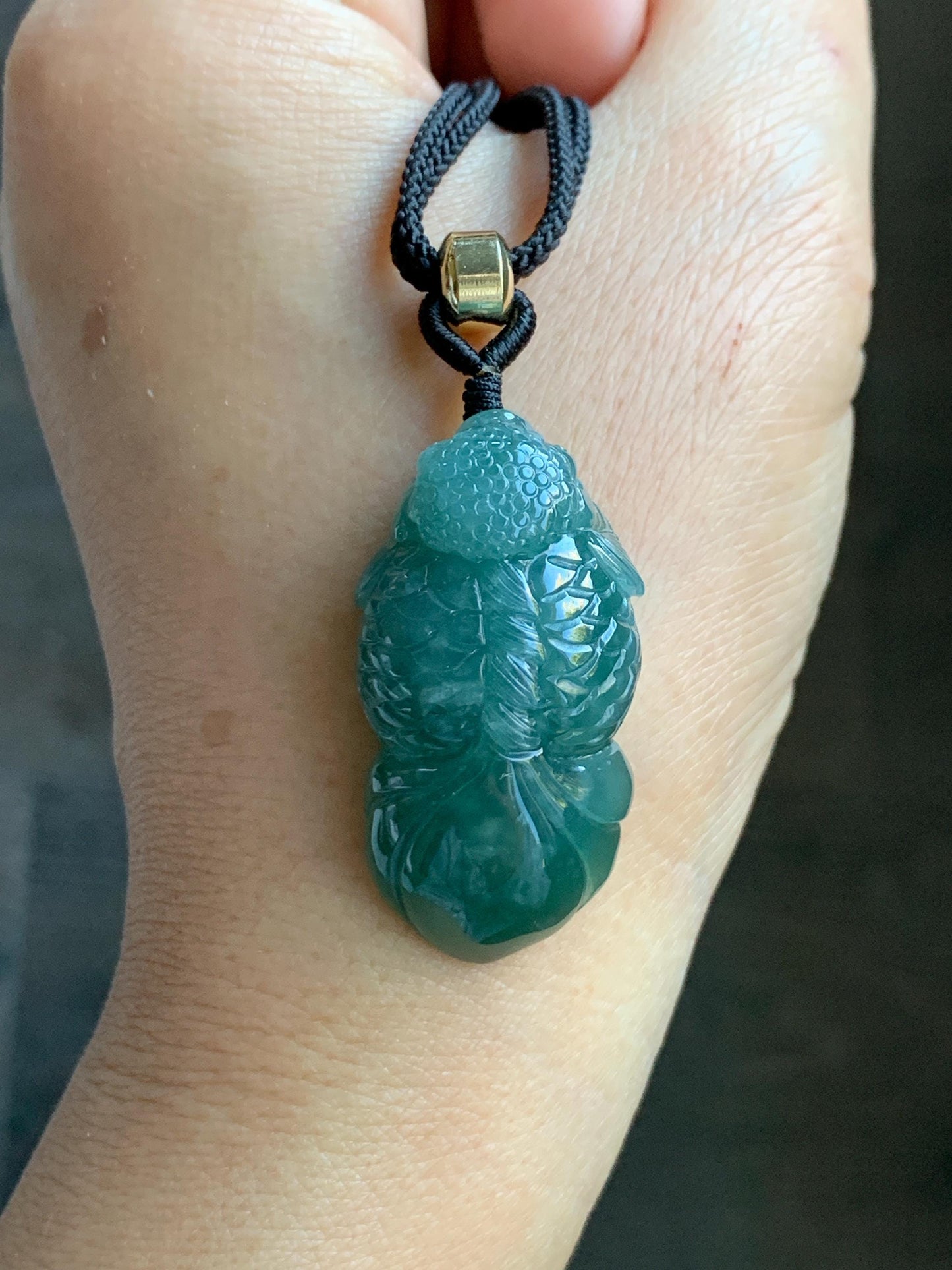 Natural Grade A Guatemalan Icy Translucent Dark Teal Blue Jade Jadeite Carved Goldfish Pendant Rope Necklace 25" 19g 天然冰危蓝水翡翠精工金鱼吊坠 WJY161