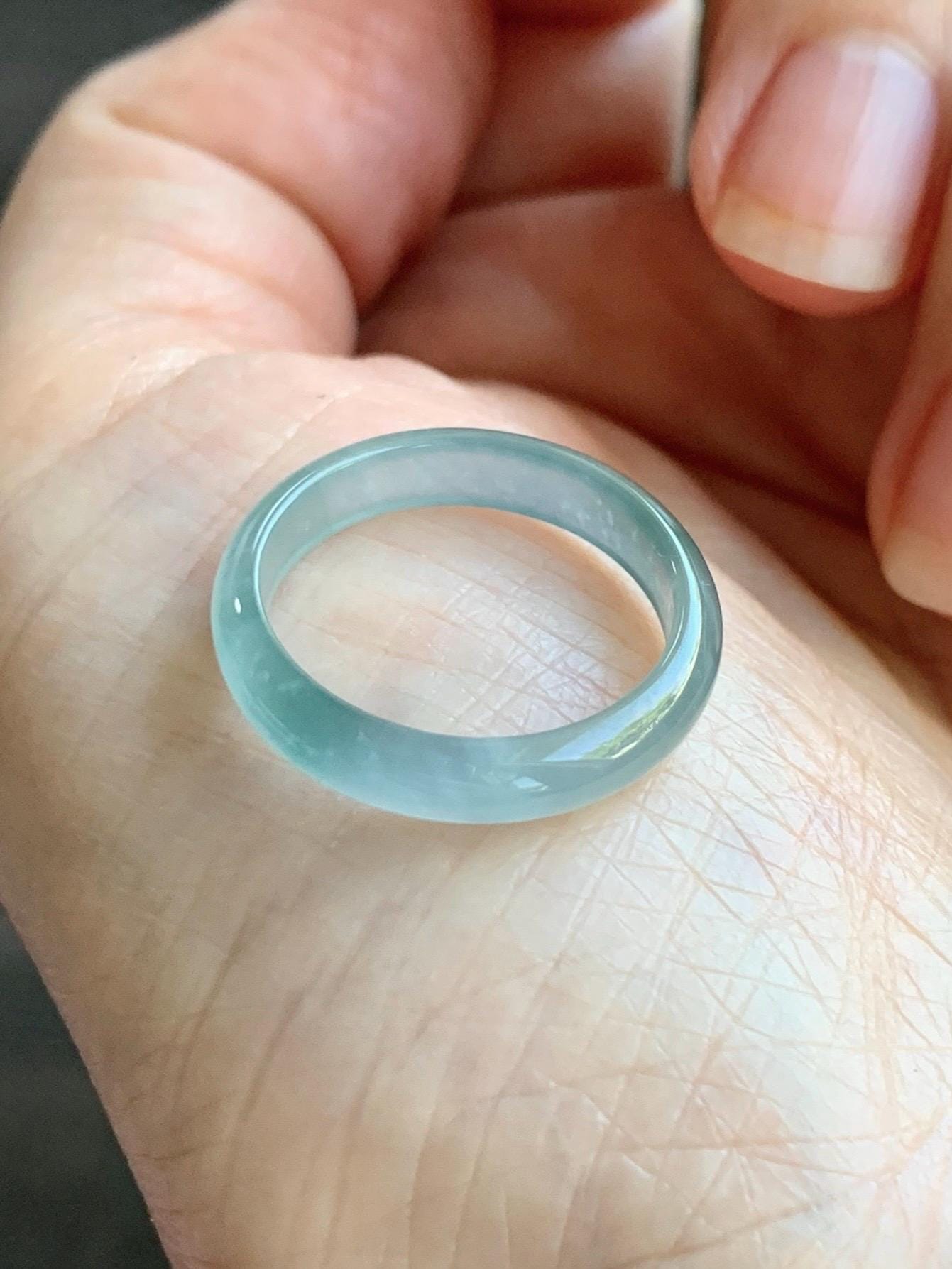 Natural Grade A Guatemalan Icy Highly Translucent Light Teal & Green Marbled Jade Jadeite Band Ring Size 6.5 US 天然冰胶危浅蓝绿起光翡翠戒圈 WLL55B