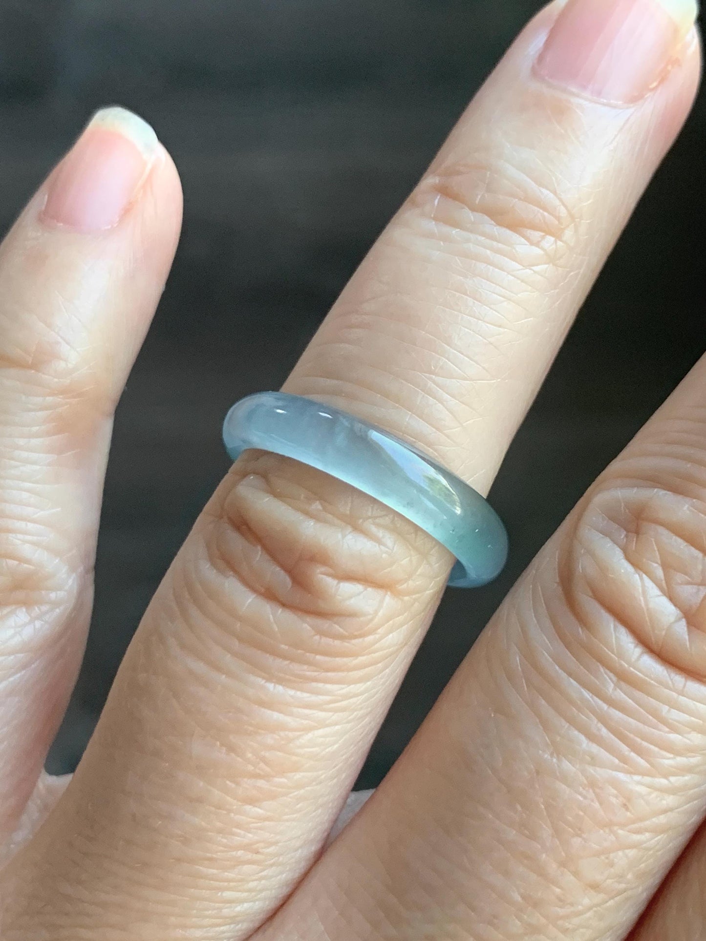 Natural Grade A Guatemalan Icy Highly Translucent Light Teal & Green Marbled Jade Jadeite Band Ring Size 6.5 US 天然冰胶危浅蓝绿起光翡翠戒圈 WLL55B