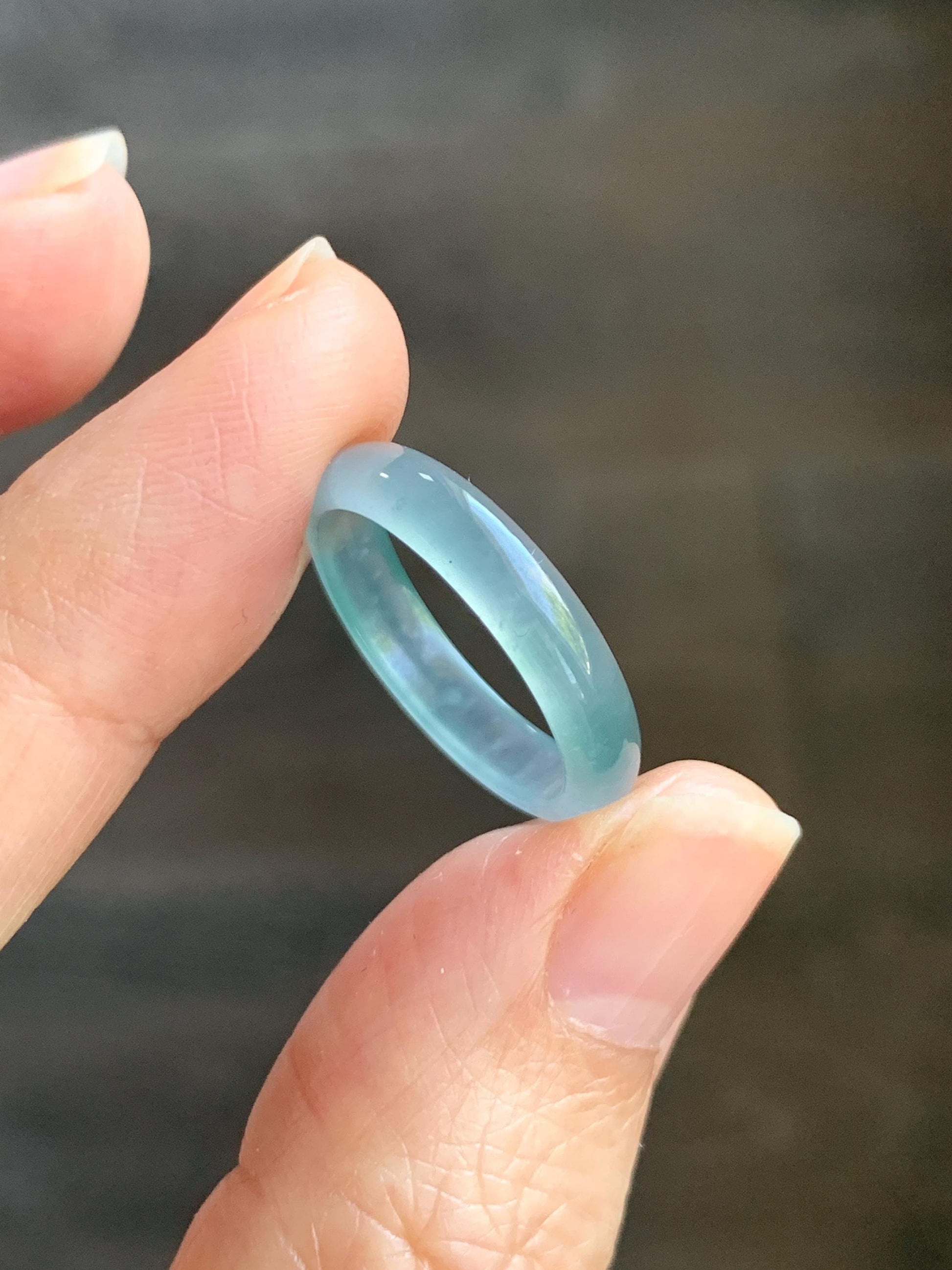 Natural Grade A Guatemalan Icy Highly Translucent Light Teal & Green Marbled Jade Jadeite Band Ring Size 6.5 US 天然冰胶危浅蓝绿起光翡翠戒圈 WLL55B