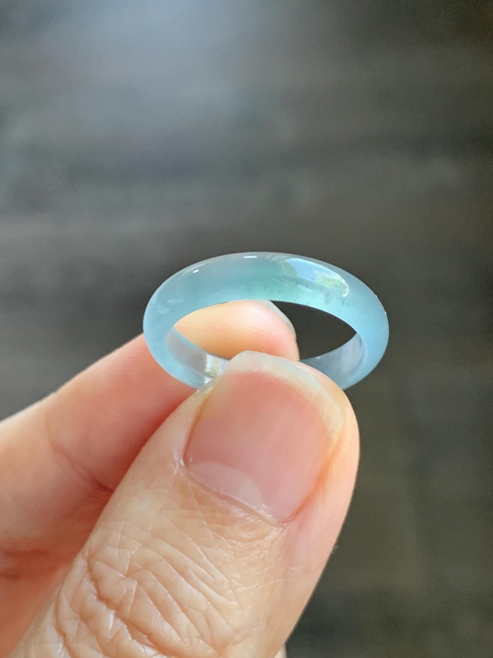 Natural Grade A Guatemalan Icy Highly Translucent Light Teal & Green Marbled Jade Jadeite Band Ring Size 6.5 US 天然冰胶危浅蓝绿起光翡翠戒圈 WLL55B