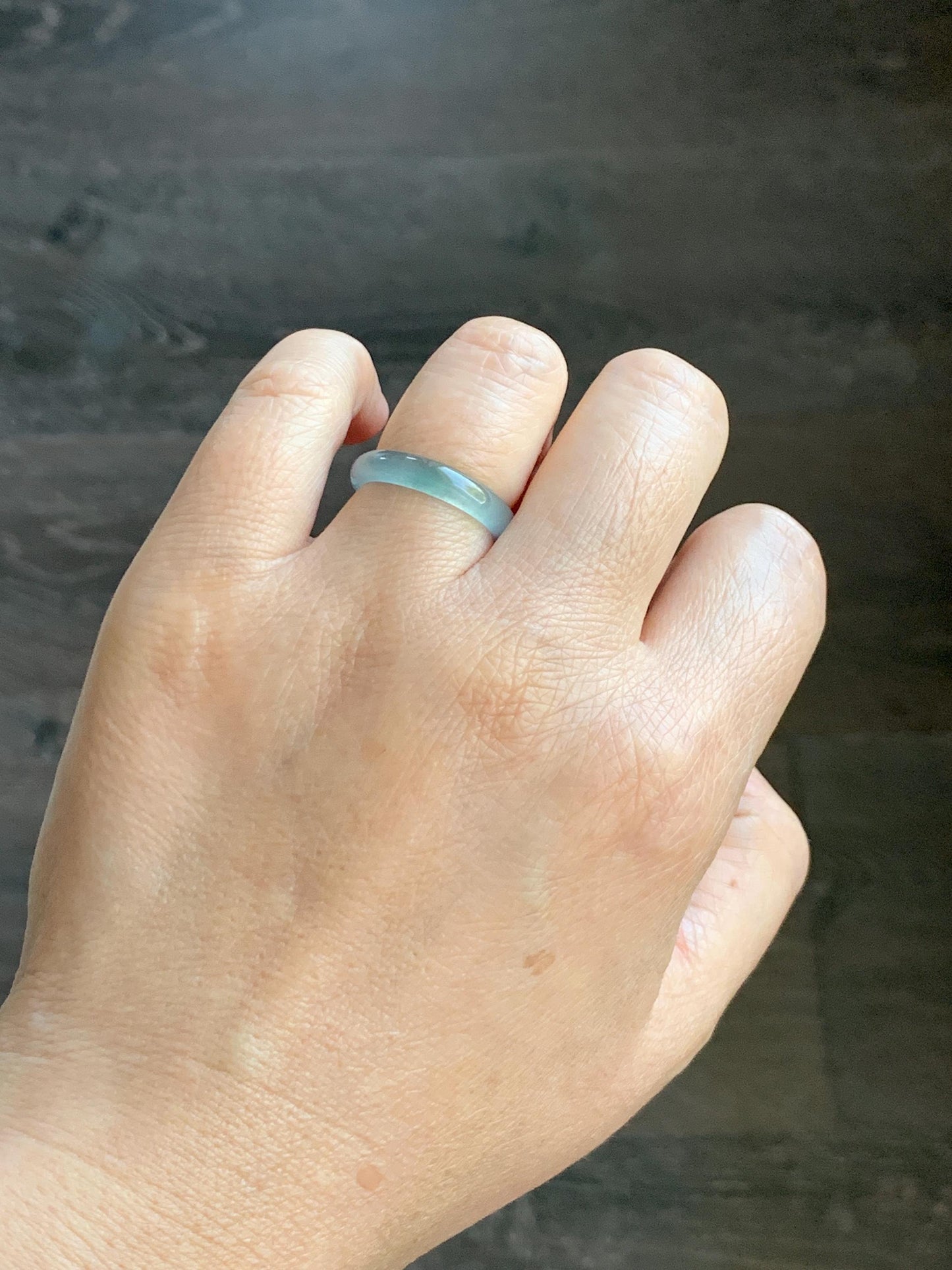 Natural Grade A Guatemalan Icy Highly Translucent Light Teal & Green Marbled Jade Jadeite Band Ring Size 6.5 US 天然冰胶危浅蓝绿起光翡翠戒圈 WLL55B