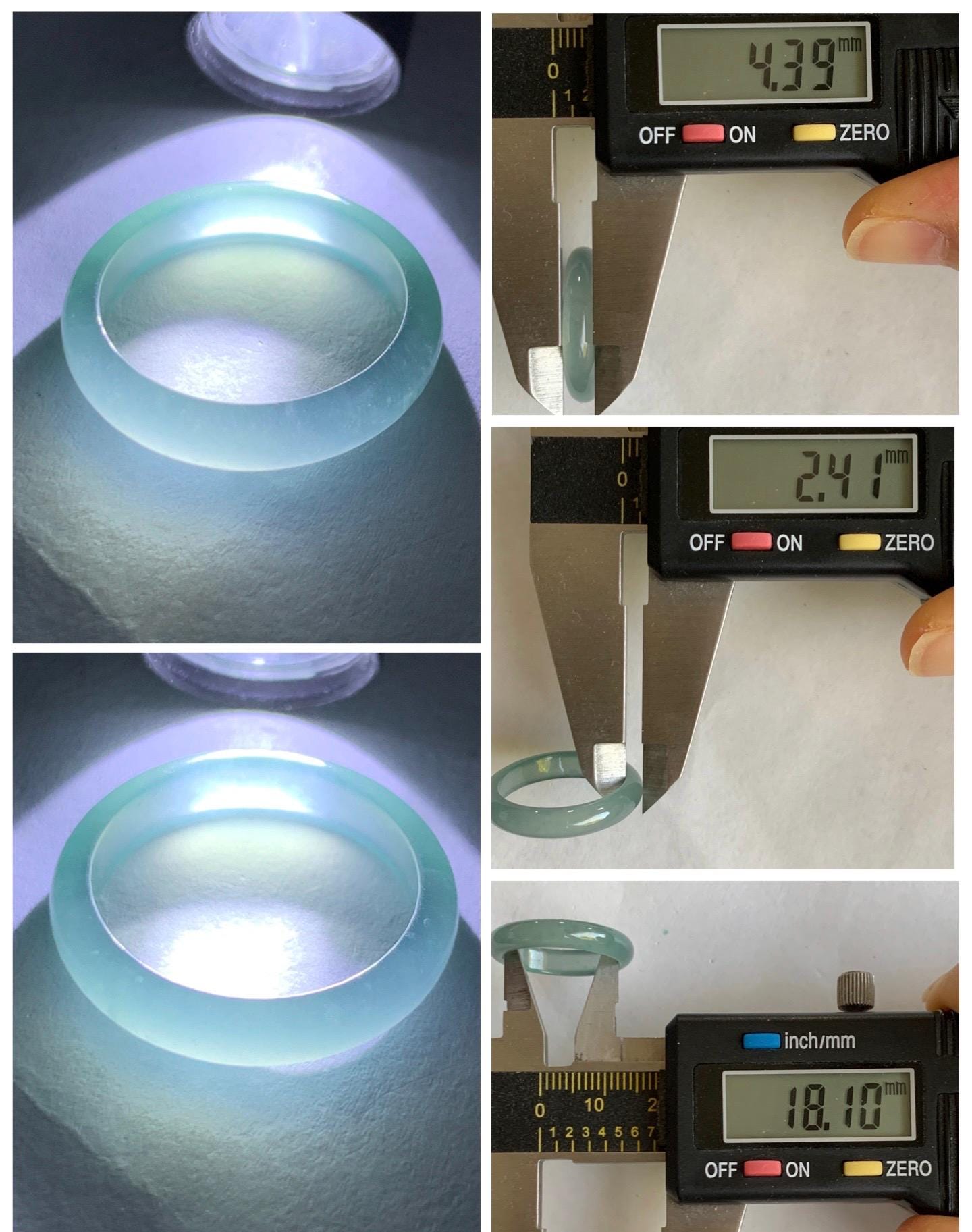 Natural Grade A Guatemalan Icy Highly Translucent Light Teal Jade Jadeite Band Ring Size 7.75 US 天然冰胶危浅蓝绿起光翡翠戒圈 WLL55C