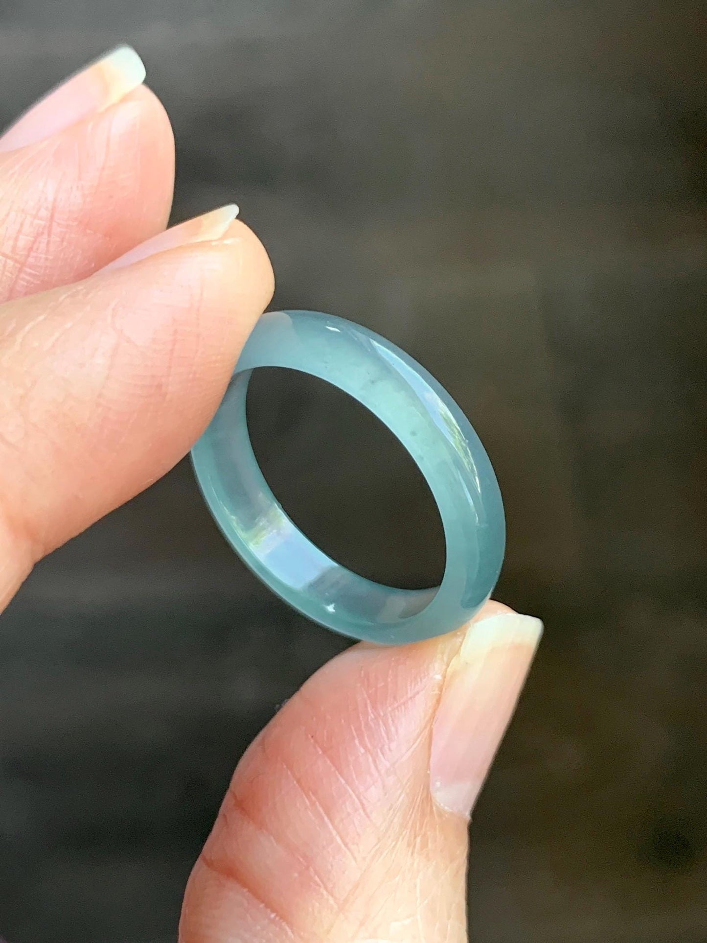 Natural Grade A Guatemalan Icy Highly Translucent Light Teal Jade Jadeite Band Ring Size 7.75 US 天然冰胶危浅蓝绿起光翡翠戒圈 WLL55C