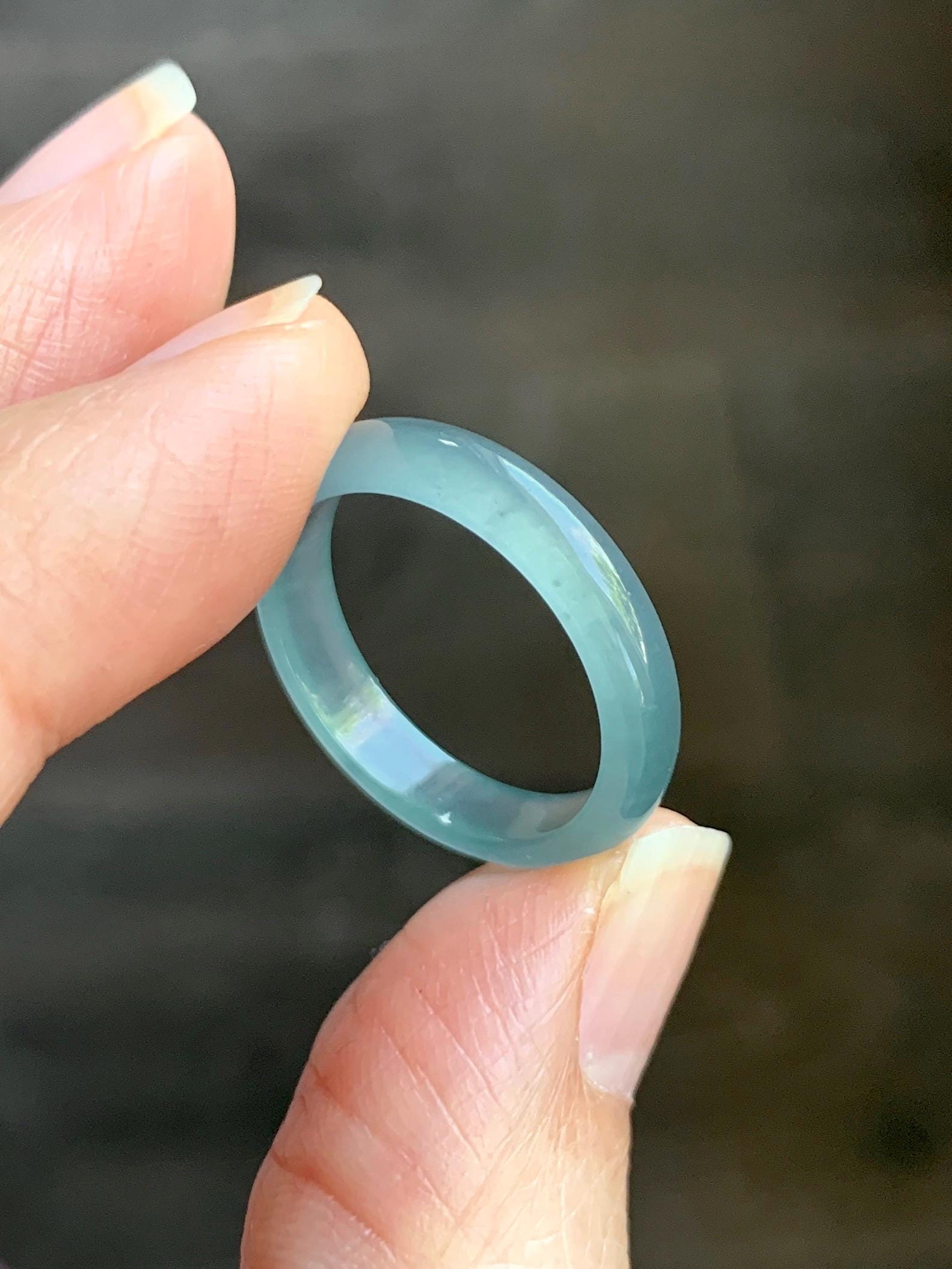 Natural Grade A Guatemalan Icy Highly Translucent Light Teal Jade Jadeite Band Ring Size 7.75 US 天然冰胶危浅蓝绿起光翡翠戒圈 WLL55C