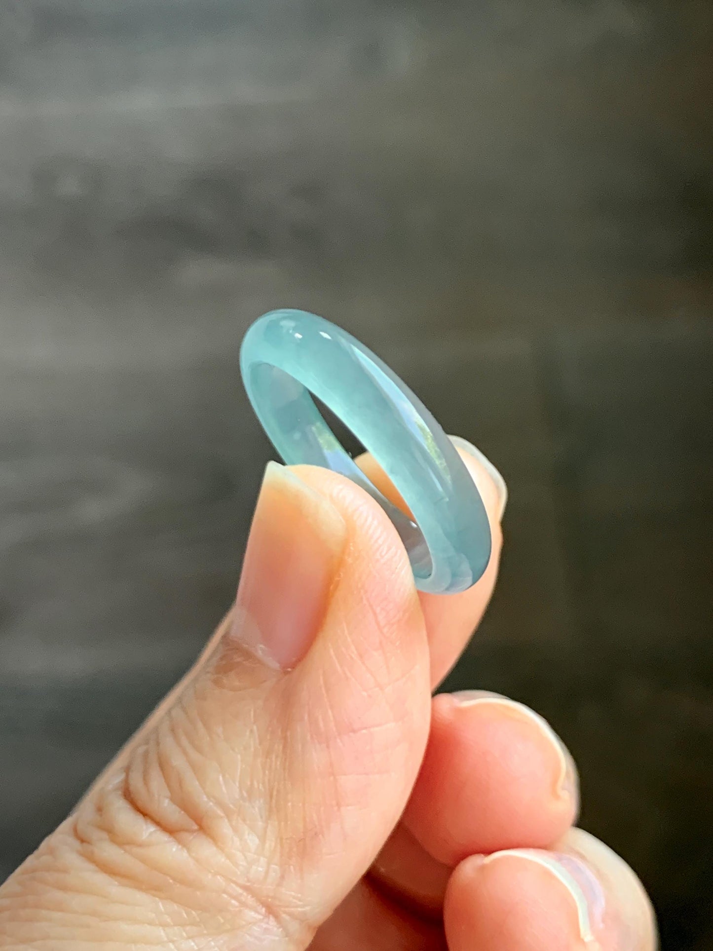 Natural Grade A Guatemalan Icy Highly Translucent Light Teal Jade Jadeite Band Ring Size 7.75 US 天然冰胶危浅蓝绿起光翡翠戒圈 WLL55C