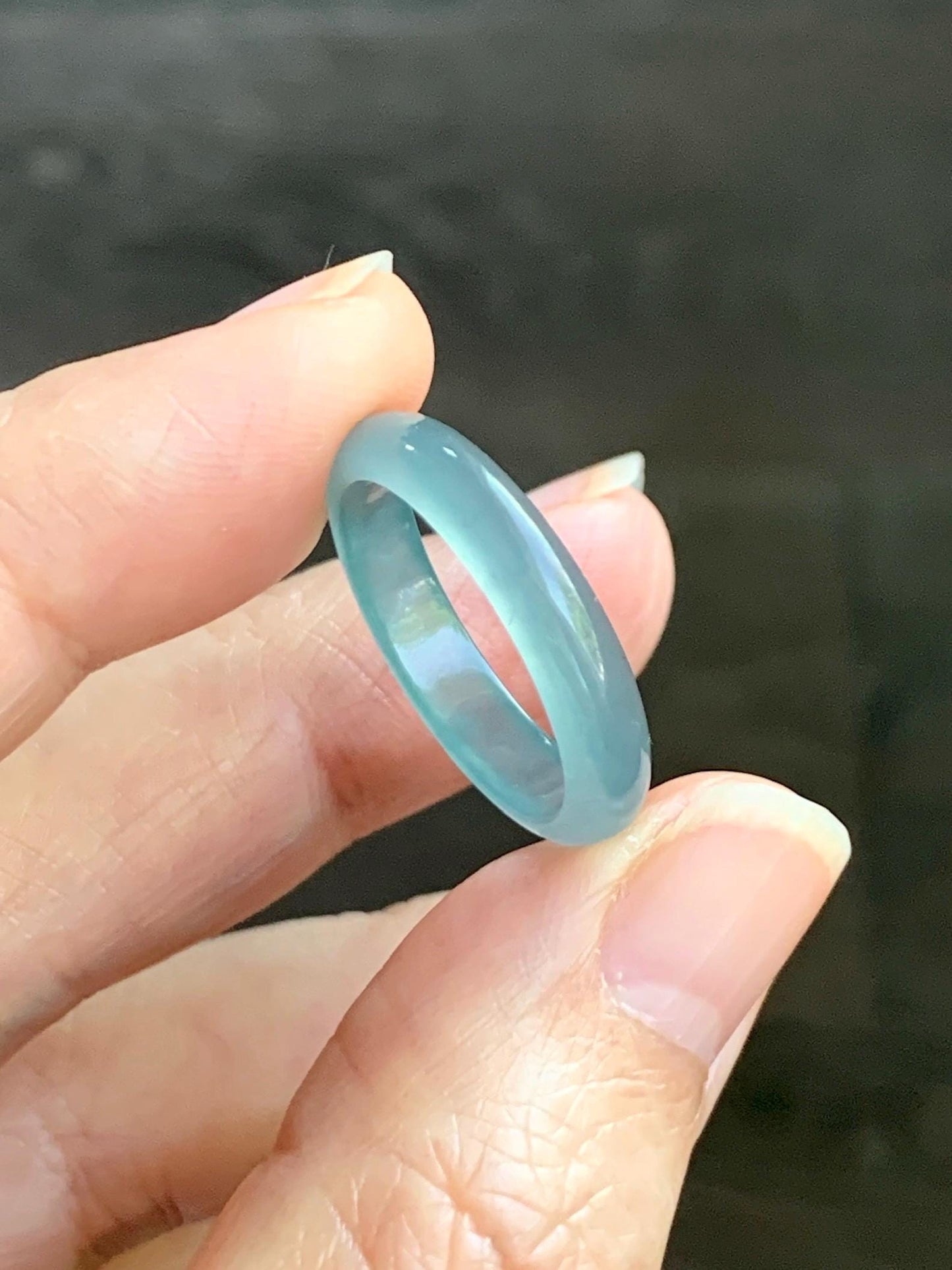 Natural Grade A Guatemalan Icy Highly Translucent Light Teal Jade Jadeite Band Ring Size 7.75 US 天然冰胶危浅蓝绿起光翡翠戒圈 WLL55C