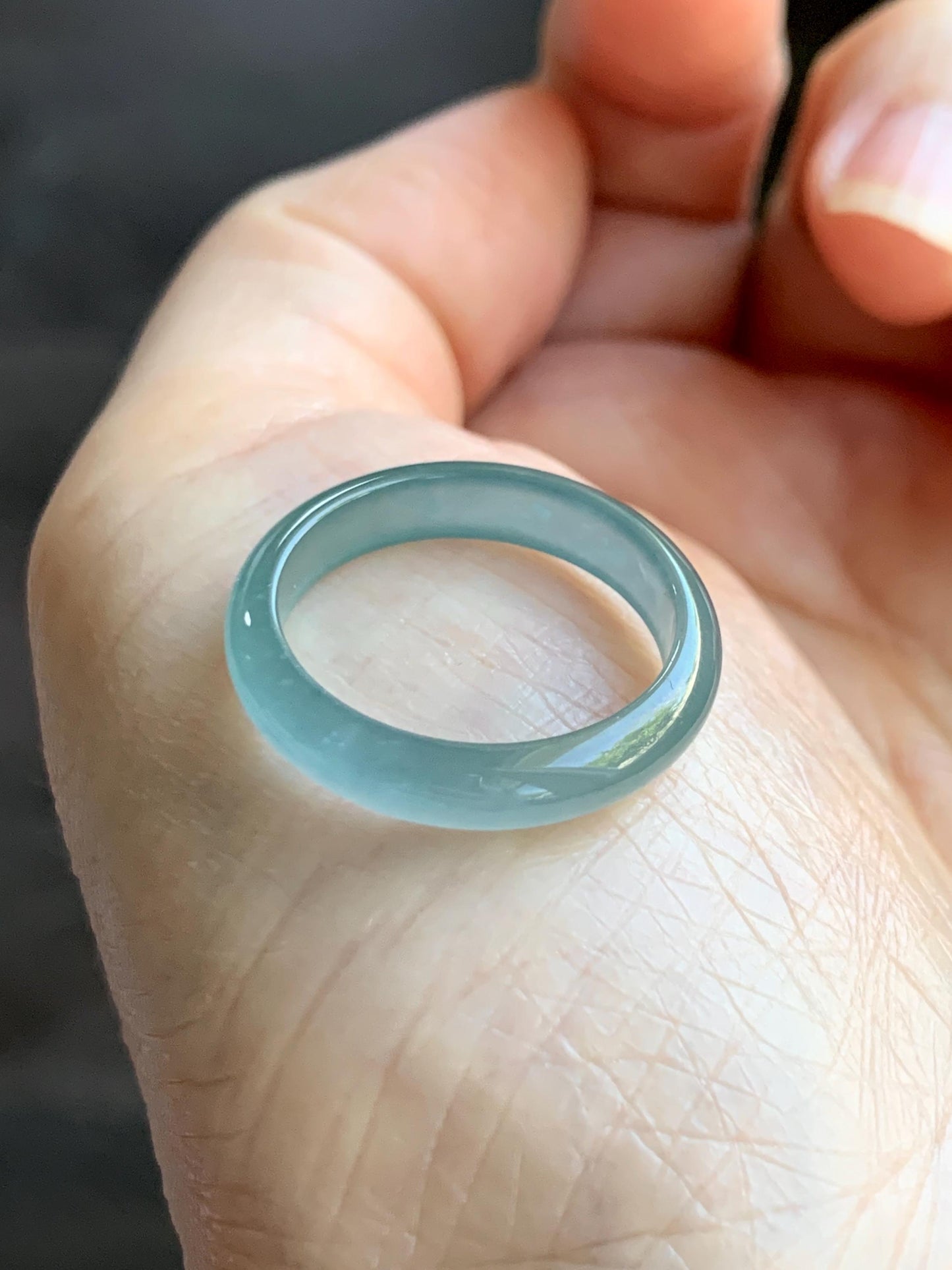 Natural Grade A Guatemalan Icy Highly Translucent Light Teal Jade Jadeite Band Ring Size 7.75 US 天然冰胶危浅蓝绿起光翡翠戒圈 WLL55C