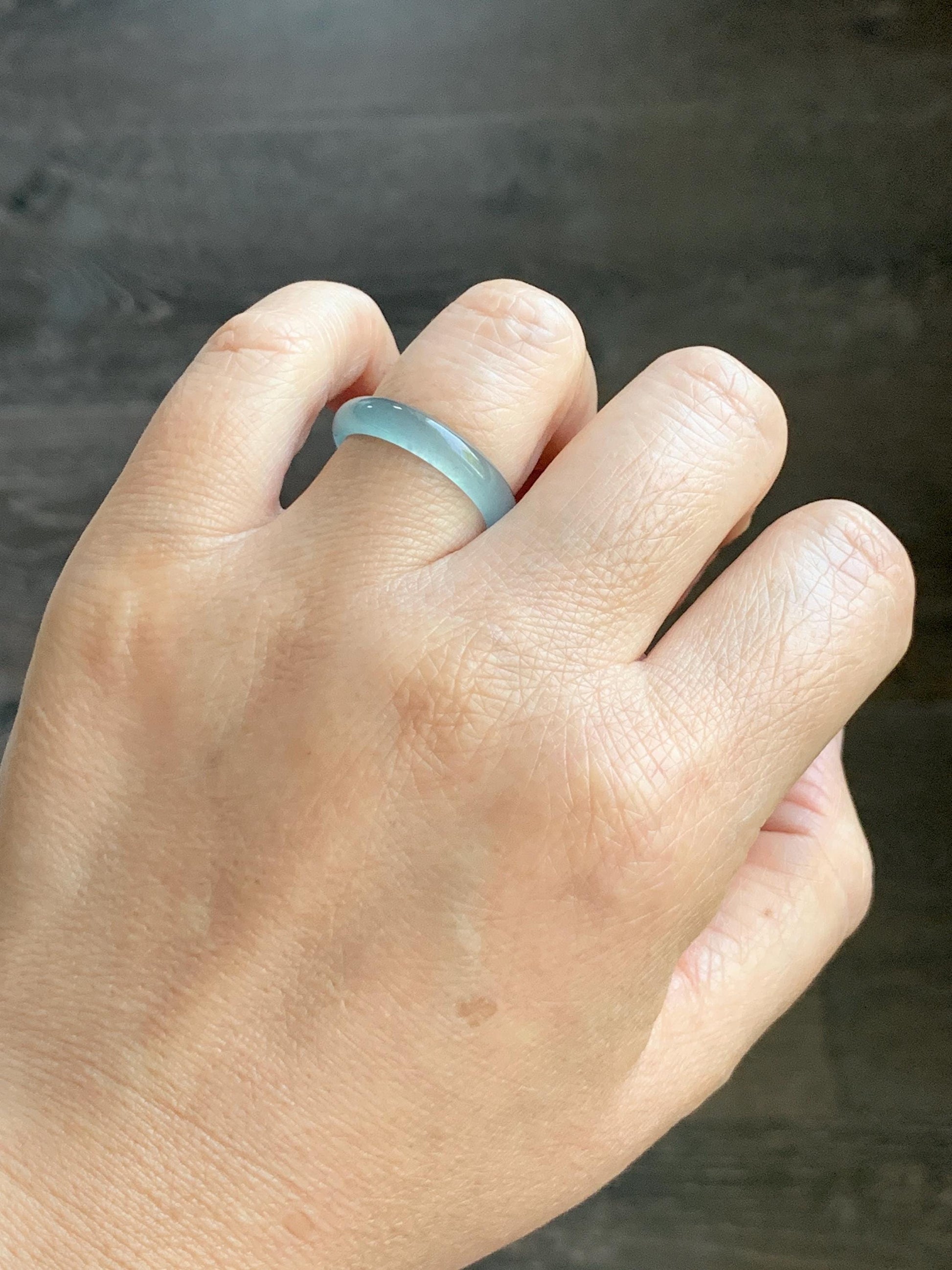 Natural Grade A Guatemalan Icy Highly Translucent Light Teal Jade Jadeite Band Ring Size 7.75 US 天然冰胶危浅蓝绿起光翡翠戒圈 WLL55C