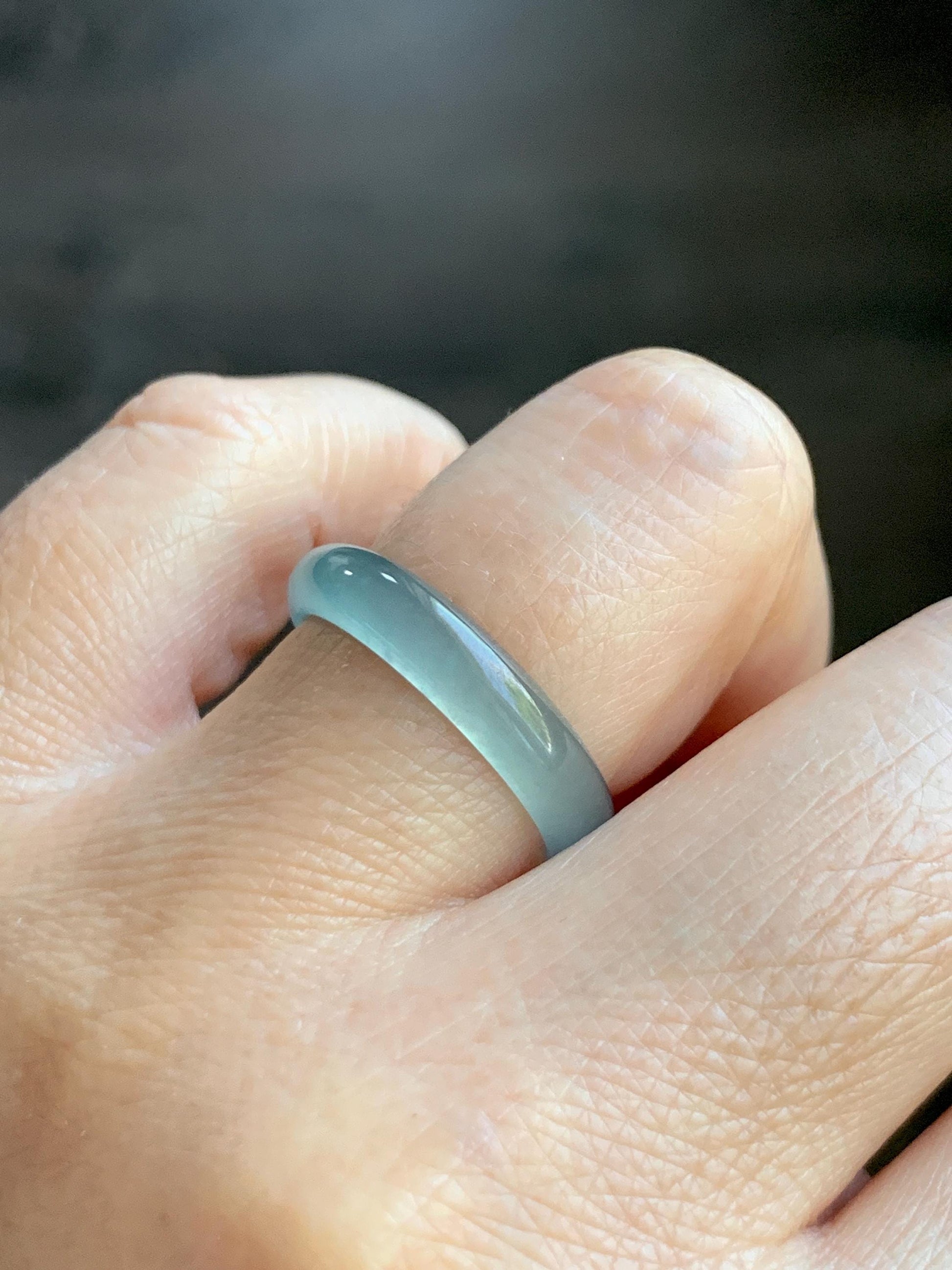 Natural Grade A Guatemalan Icy Highly Translucent Light Teal Jade Jadeite Band Ring Size 7.75 US 天然冰胶危浅蓝绿起光翡翠戒圈 WLL55C