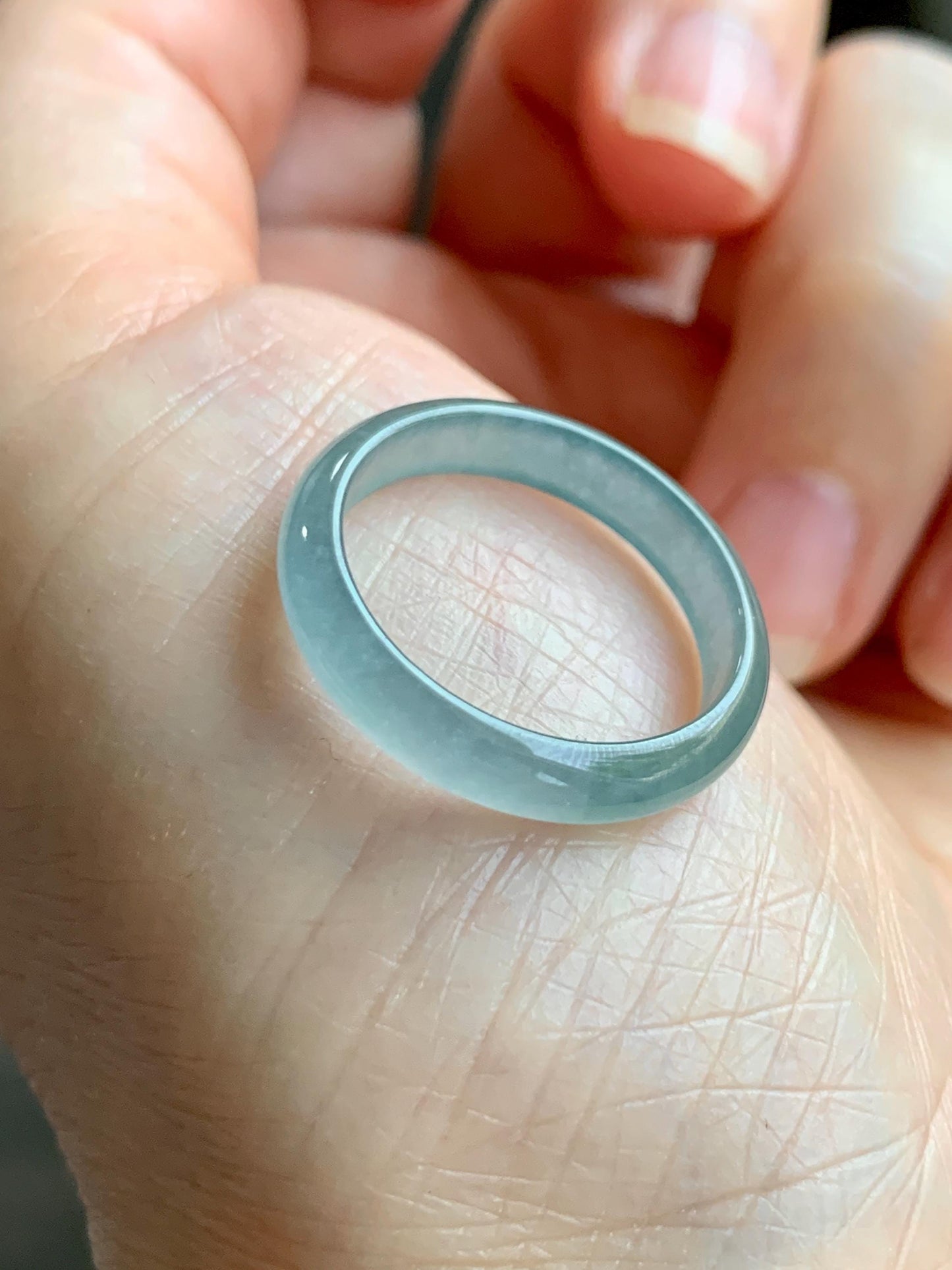 Natural Grade A Guatemalan Icy Highly Translucent Light Teal Jade Jadeite Band Ring Size 7.75 US 天然冰胶危浅蓝绿起光翡翠戒圈 WLL55D
