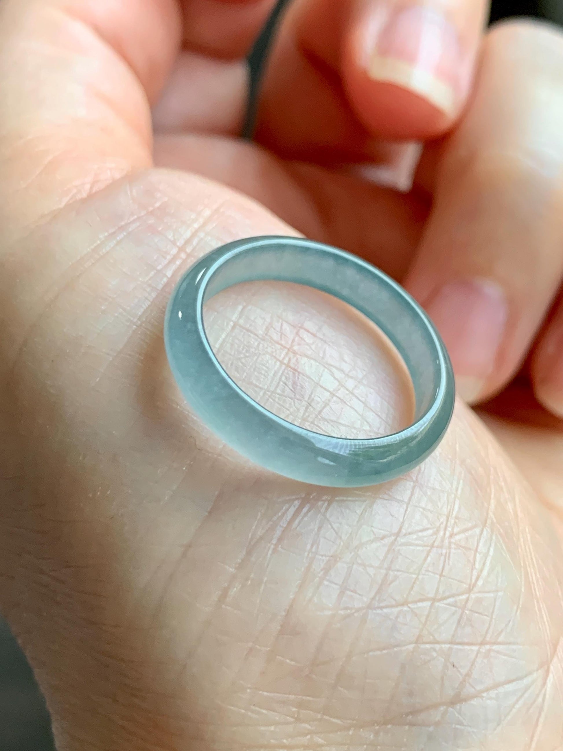 Natural Grade A Guatemalan Icy Highly Translucent Light Teal Jade Jadeite Band Ring Size 7.75 US 天然冰胶危浅蓝绿起光翡翠戒圈 WLL55D