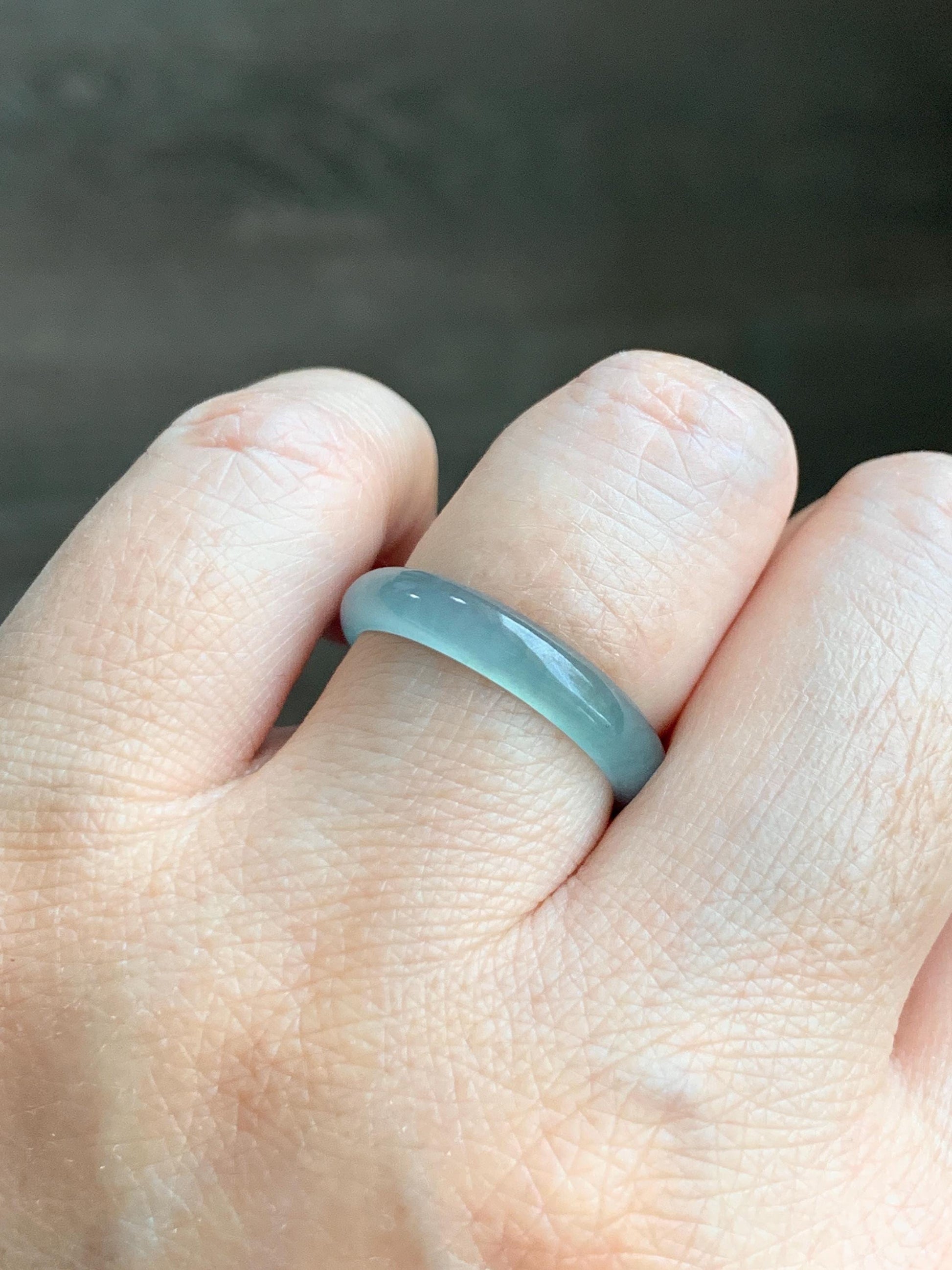 Natural Grade A Guatemalan Icy Highly Translucent Light Teal Jade Jadeite Band Ring Size 7.75 US 天然冰胶危浅蓝绿起光翡翠戒圈 WLL55D