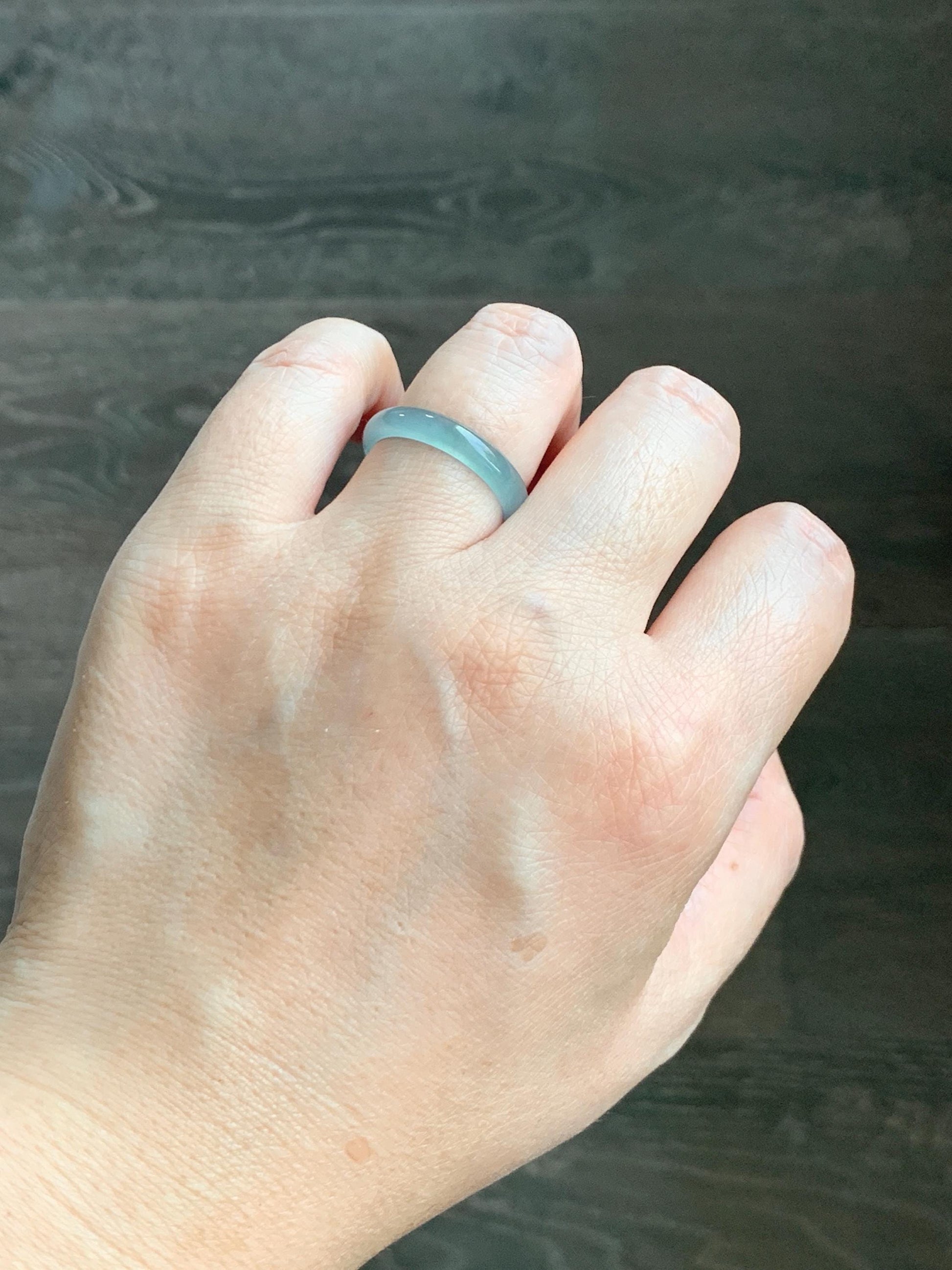 Natural Grade A Guatemalan Icy Highly Translucent Light Teal Jade Jadeite Band Ring Size 7.75 US 天然冰胶危浅蓝绿起光翡翠戒圈 WLL55D