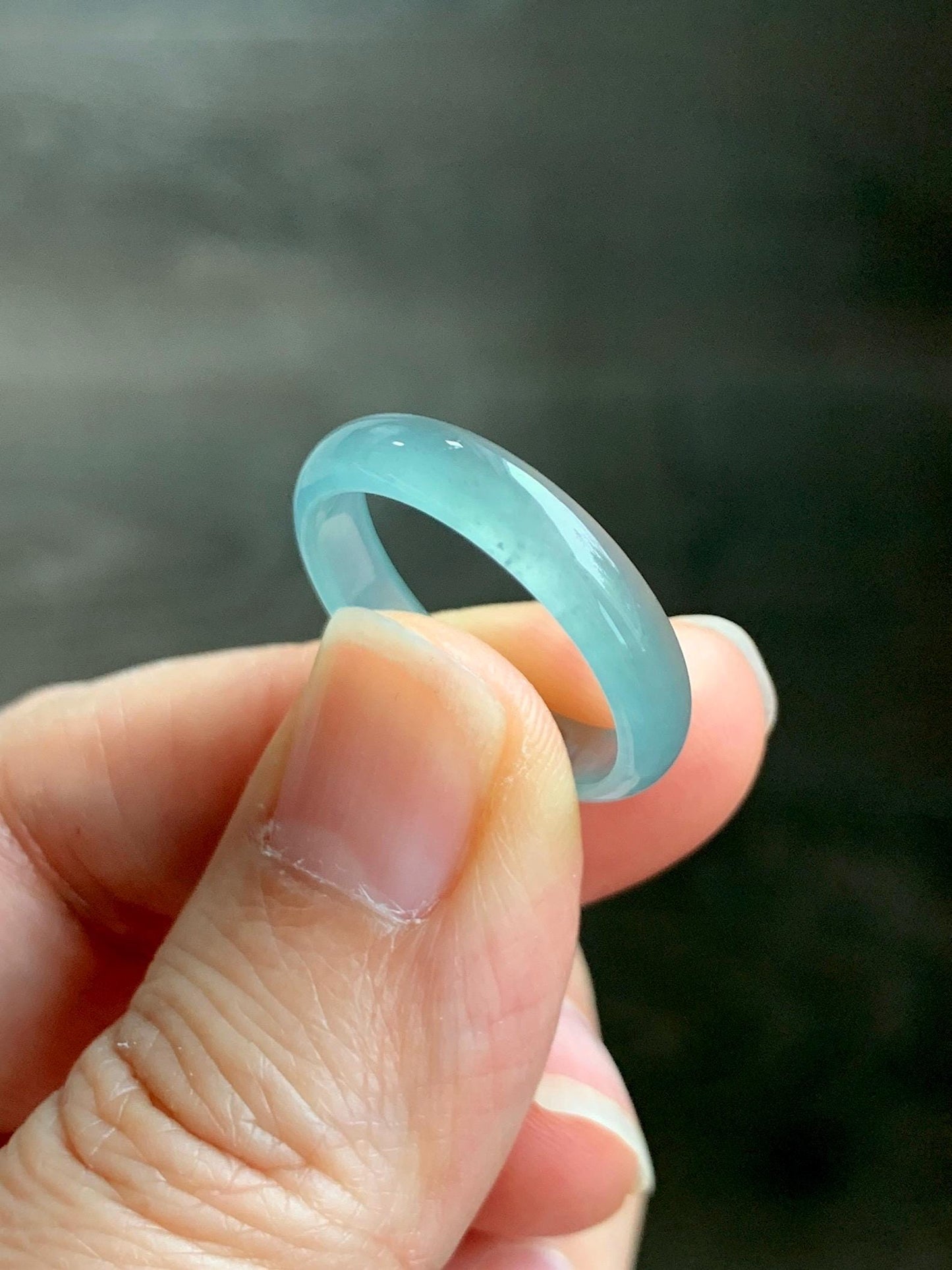 Natural Grade A Guatemalan Icy Highly Translucent Light Teal Jade Jadeite Band Ring Size 7.75 US 天然冰胶危浅蓝绿起光翡翠戒圈 WLL55E