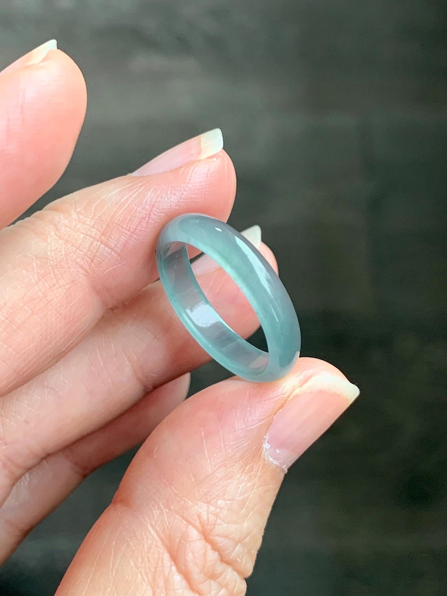 Natural Grade A Guatemalan Icy Highly Translucent Light Teal Jade Jadeite Band Ring Size 7.75 US 天然冰胶危浅蓝绿起光翡翠戒圈 WLL55E