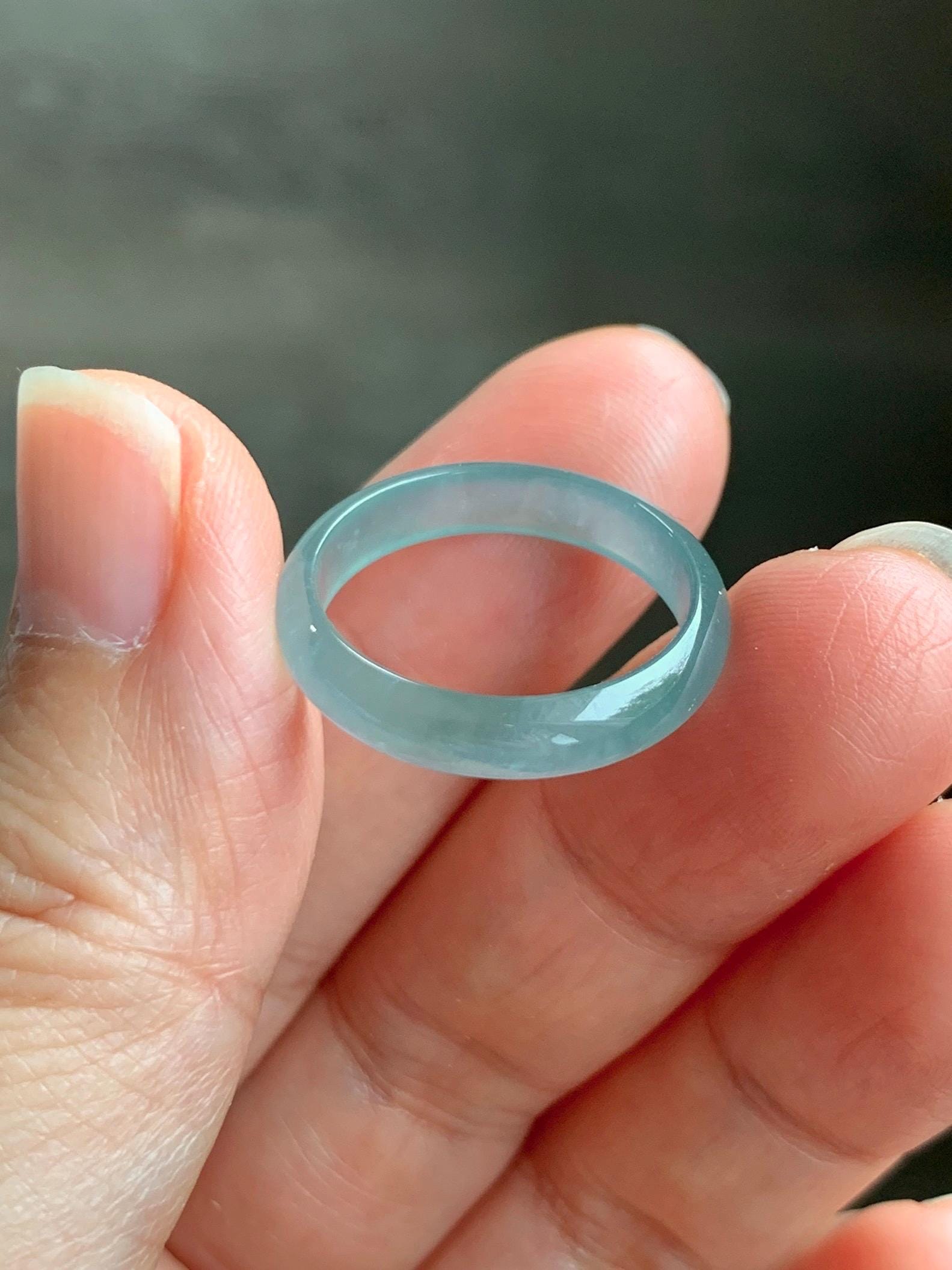 Natural Grade A Guatemalan Icy Highly Translucent Light Teal Jade Jadeite Band Ring Size 7.75 US 天然冰胶危浅蓝绿起光翡翠戒圈 WLL55E