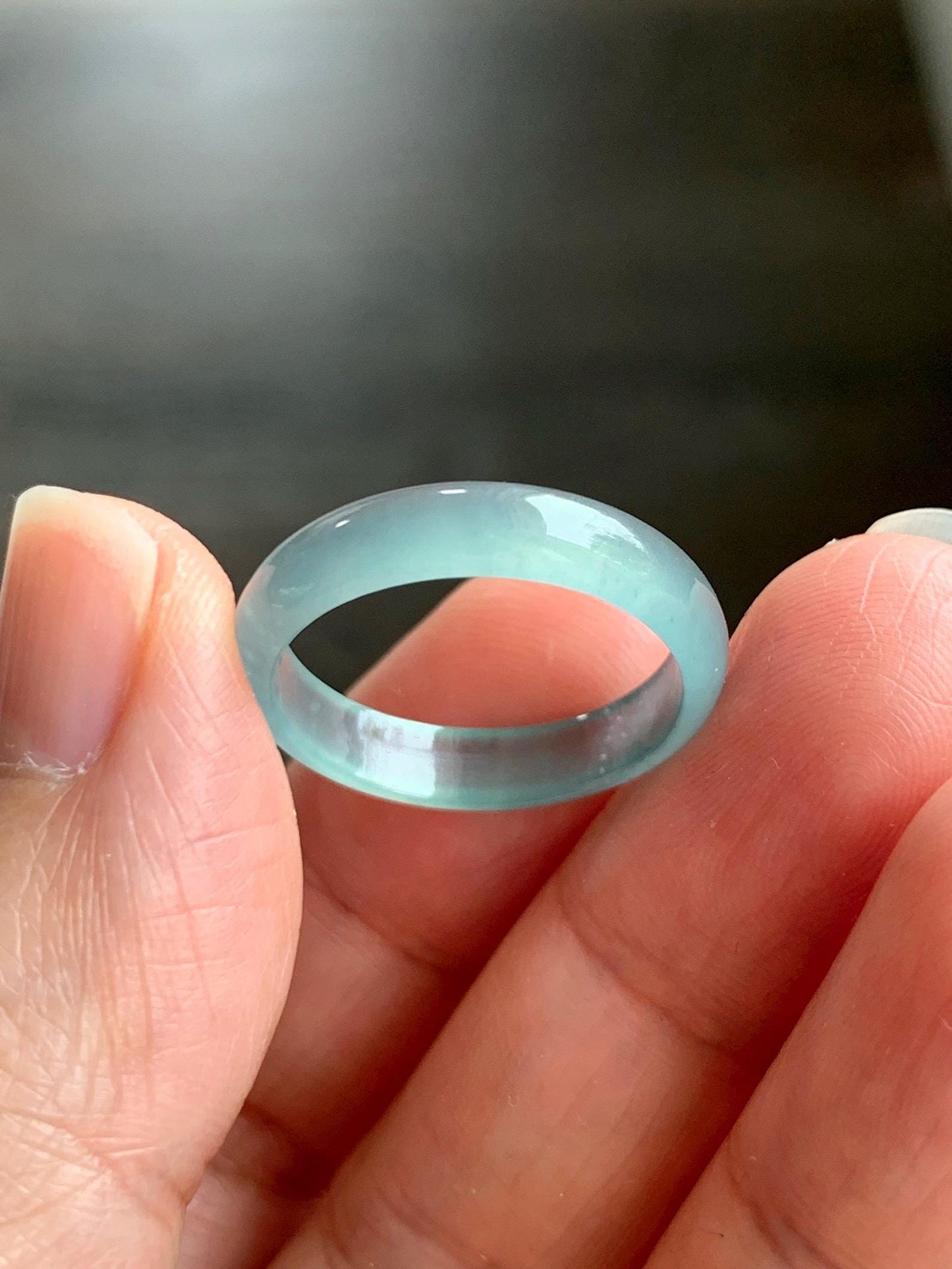 Natural Grade A Guatemalan Icy Highly Translucent Light Teal Jade Jadeite Band Ring Size 7.75 US 天然冰胶危浅蓝绿起光翡翠戒圈 WLL55E