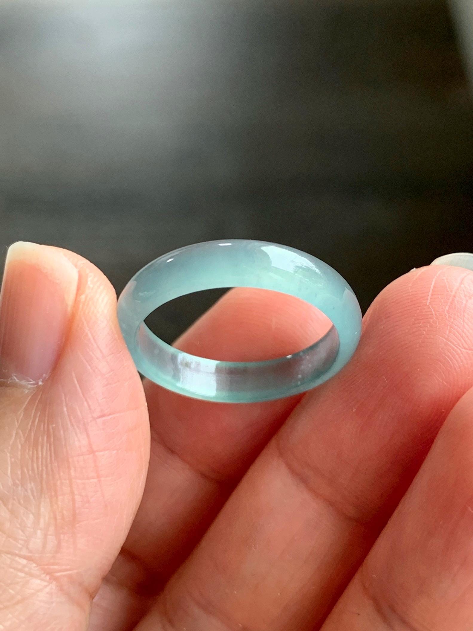 Natural Grade A Guatemalan Icy Highly Translucent Light Teal Jade Jadeite Band Ring Size 7.75 US 天然冰胶危浅蓝绿起光翡翠戒圈 WLL55E