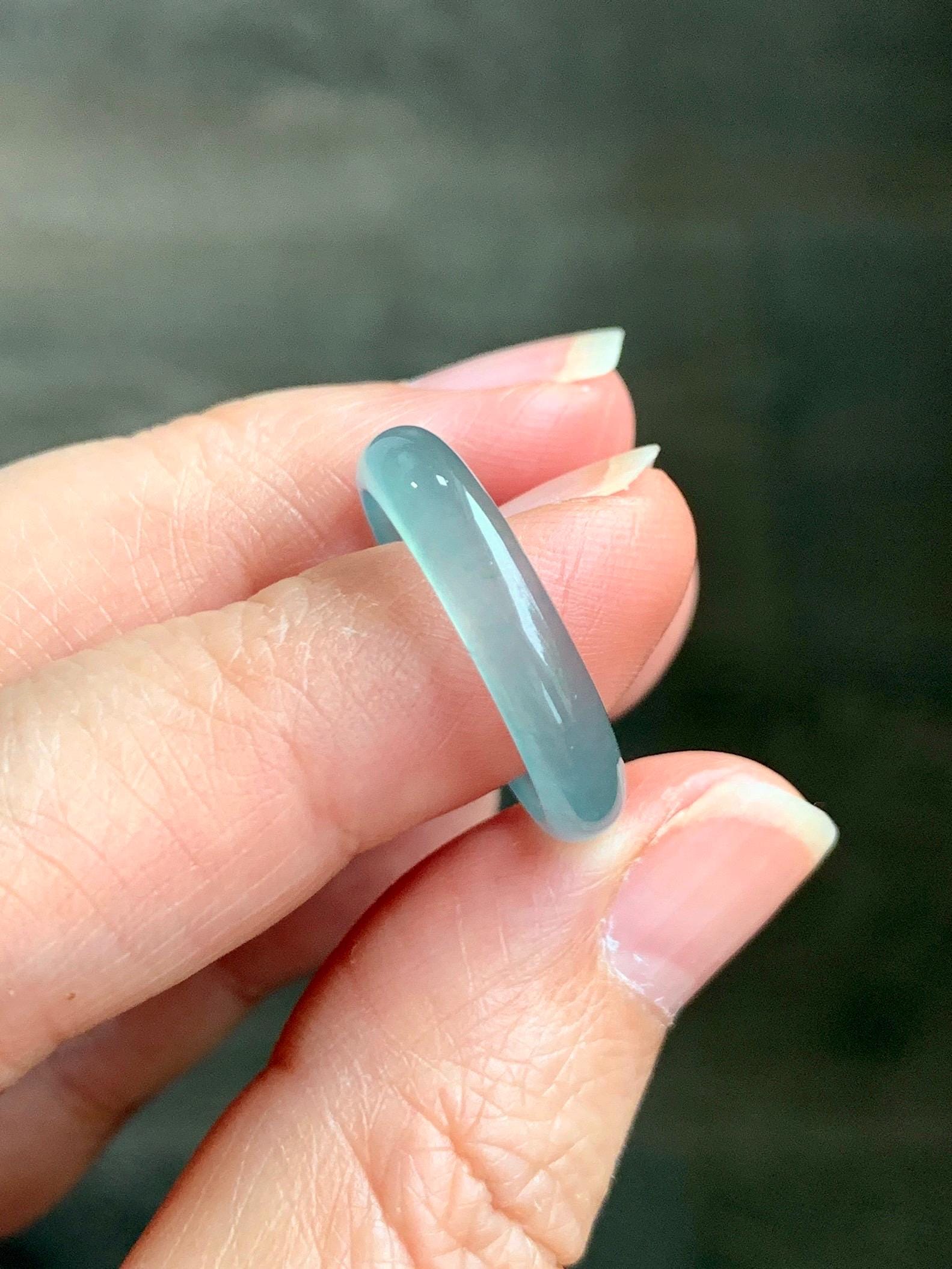 Natural Grade A Guatemalan Icy Highly Translucent Light Teal Jade Jadeite Band Ring Size 7.75 US 天然冰胶危浅蓝绿起光翡翠戒圈 WLL55E