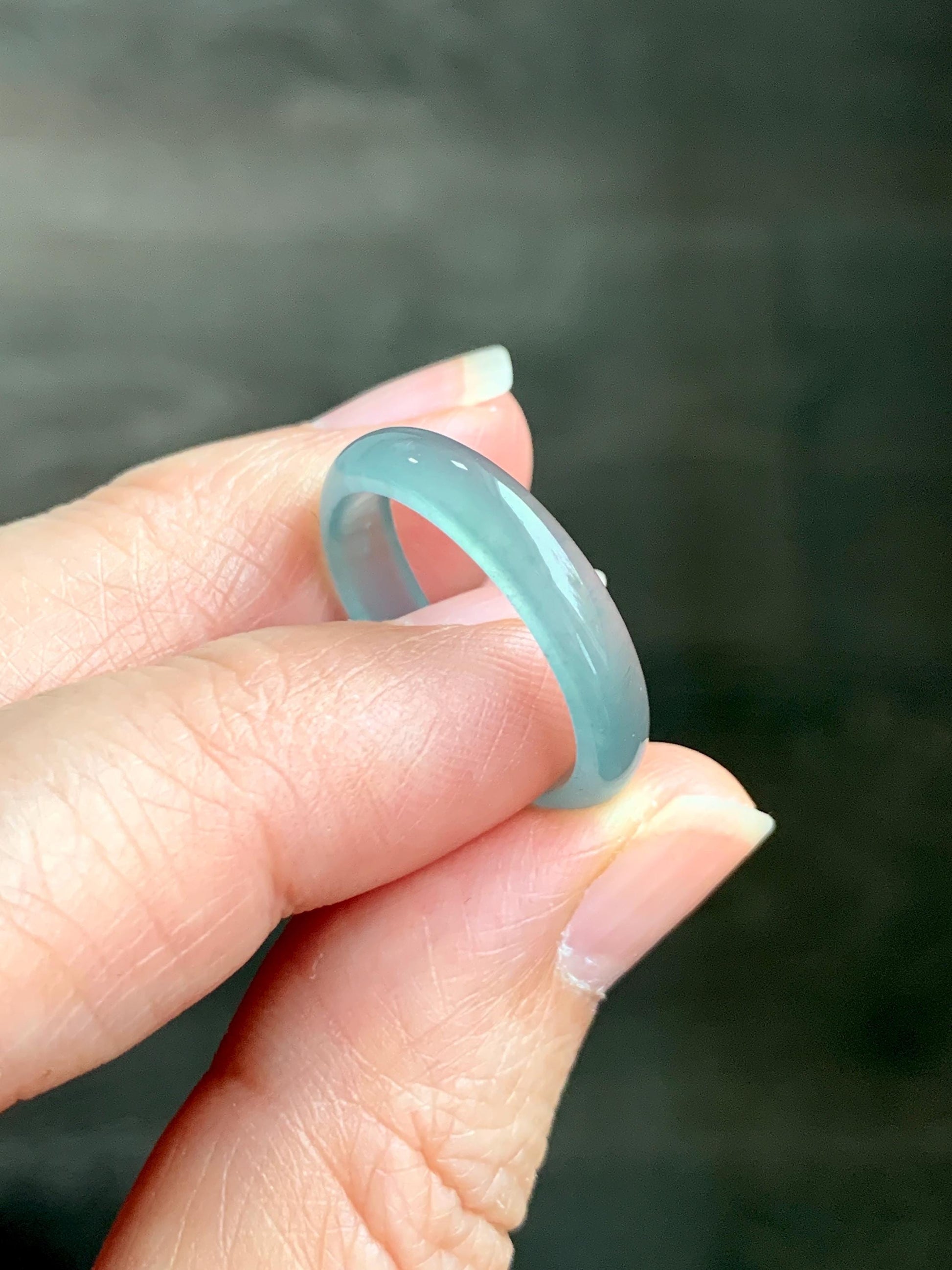 Natural Grade A Guatemalan Icy Highly Translucent Light Teal Jade Jadeite Band Ring Size 7.75 US 天然冰胶危浅蓝绿起光翡翠戒圈 WLL55E