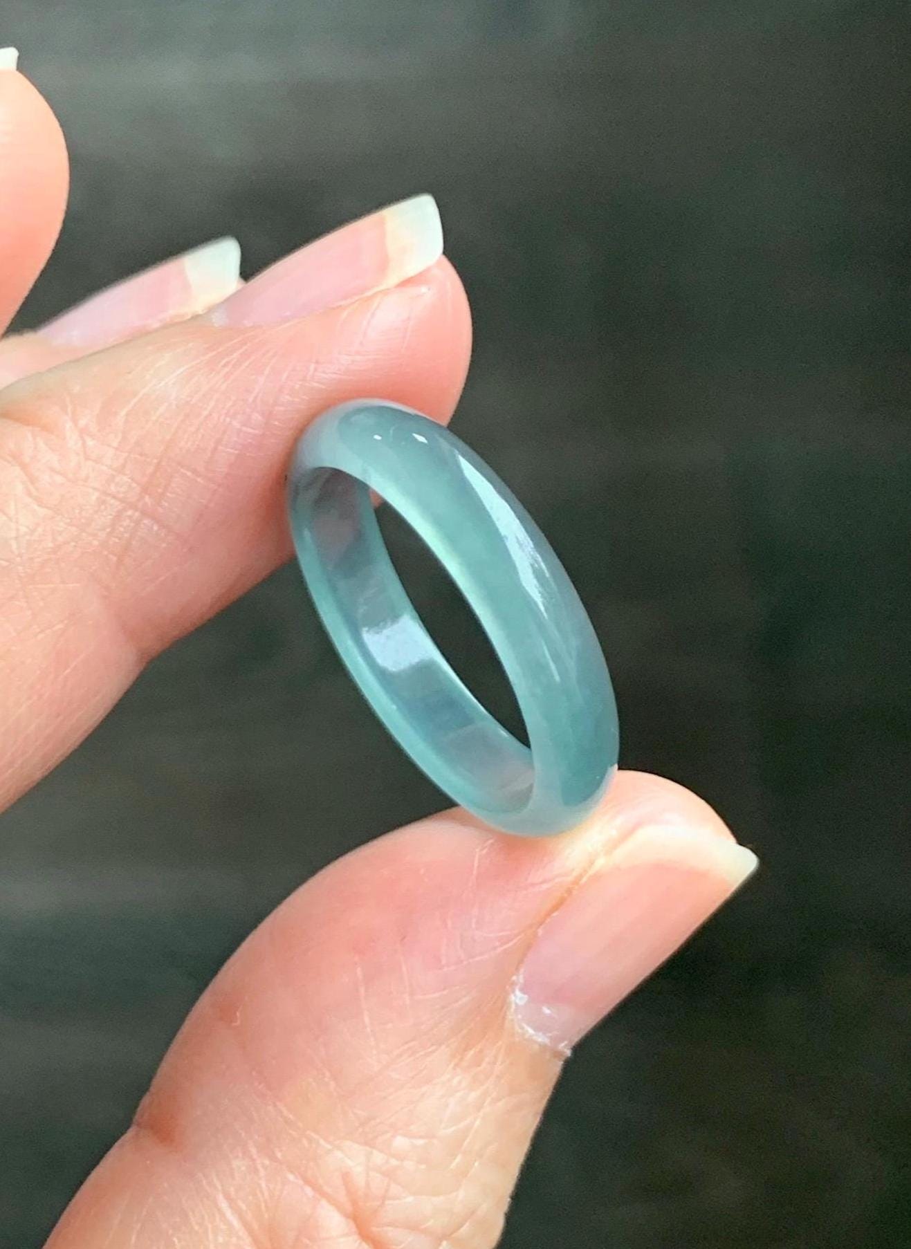 Natural Grade A Guatemalan Icy Highly Translucent Light Teal Jade Jadeite Band Ring Size 7.75 US 天然冰胶危浅蓝绿起光翡翠戒圈 WLL55E