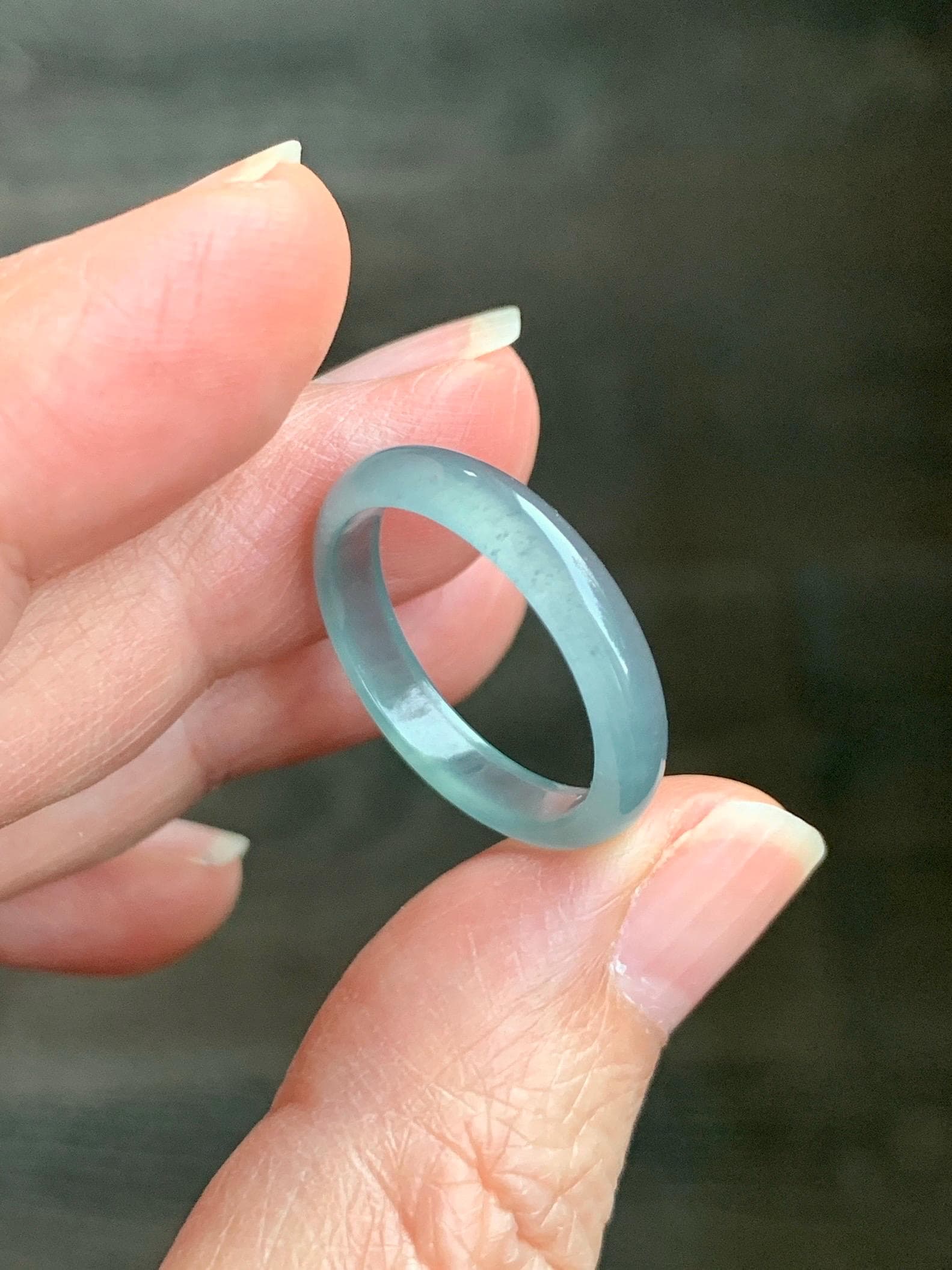 Natural Grade A Guatemalan Icy Highly Translucent Light Teal Jade Jadeite Band Ring Size 7.75 US 天然冰胶危浅蓝绿起光翡翠戒圈 WLL55F