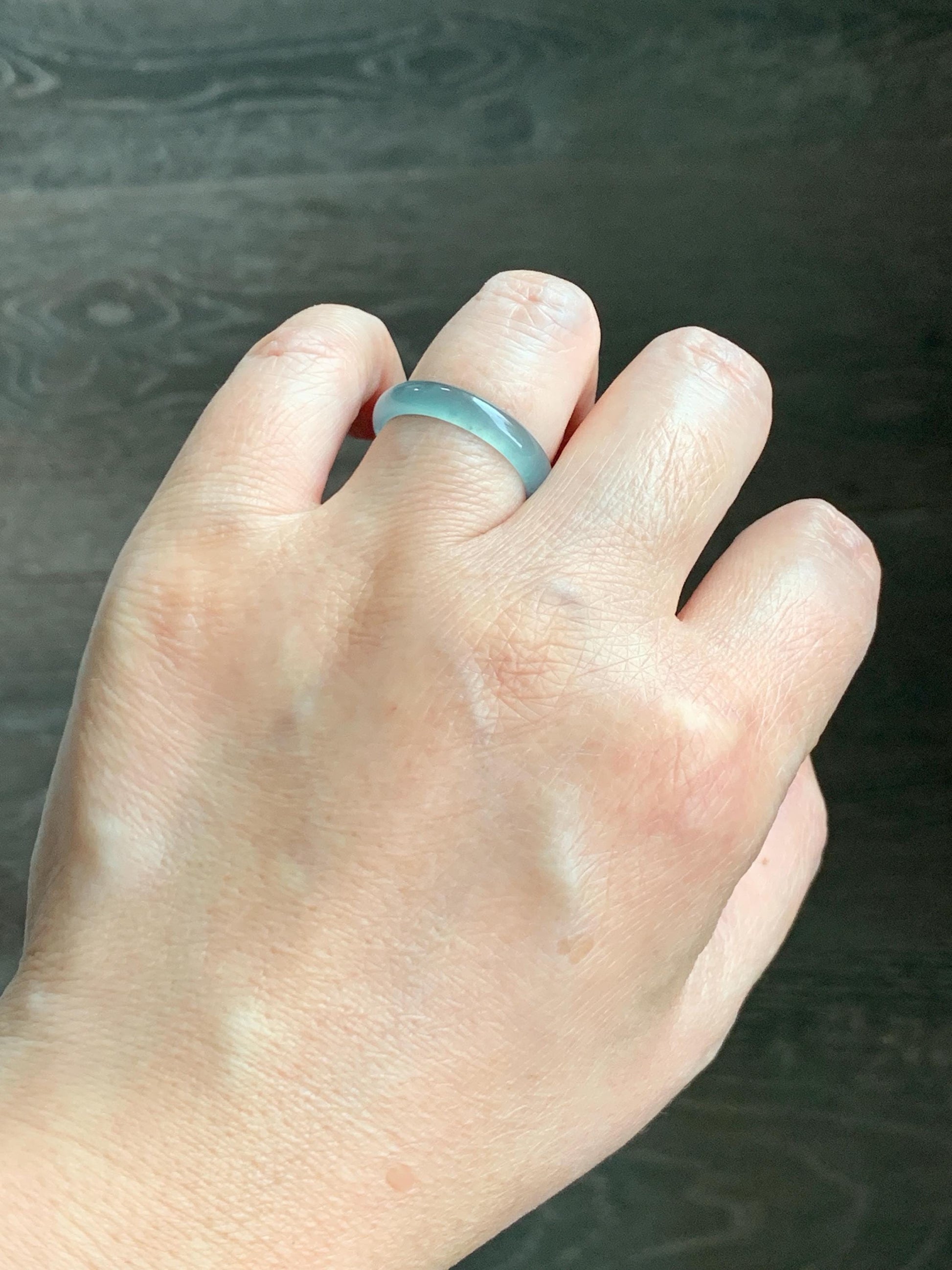 Natural Grade A Guatemalan Icy Highly Translucent Light Teal Jade Jadeite Band Ring Size 7.75 US 天然冰胶危浅蓝绿起光翡翠戒圈 WLL55F