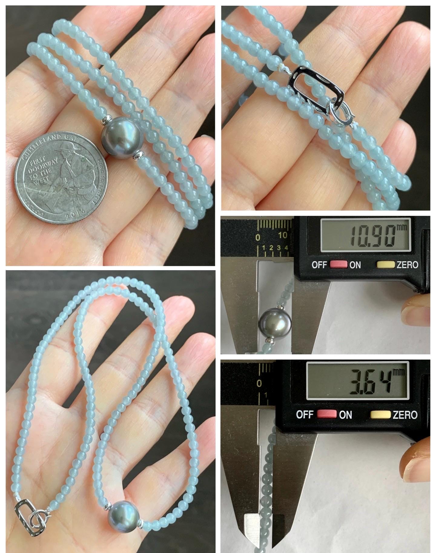 Natural Grade A Icy Translucent Pastel Blue Jade Jadeite Platinum Tahitian Pearl Sterling Silver Beaded Necklace 18.5” 天然冰胶危蓝翡翠小珠大溪地珍珠项链WDXL
