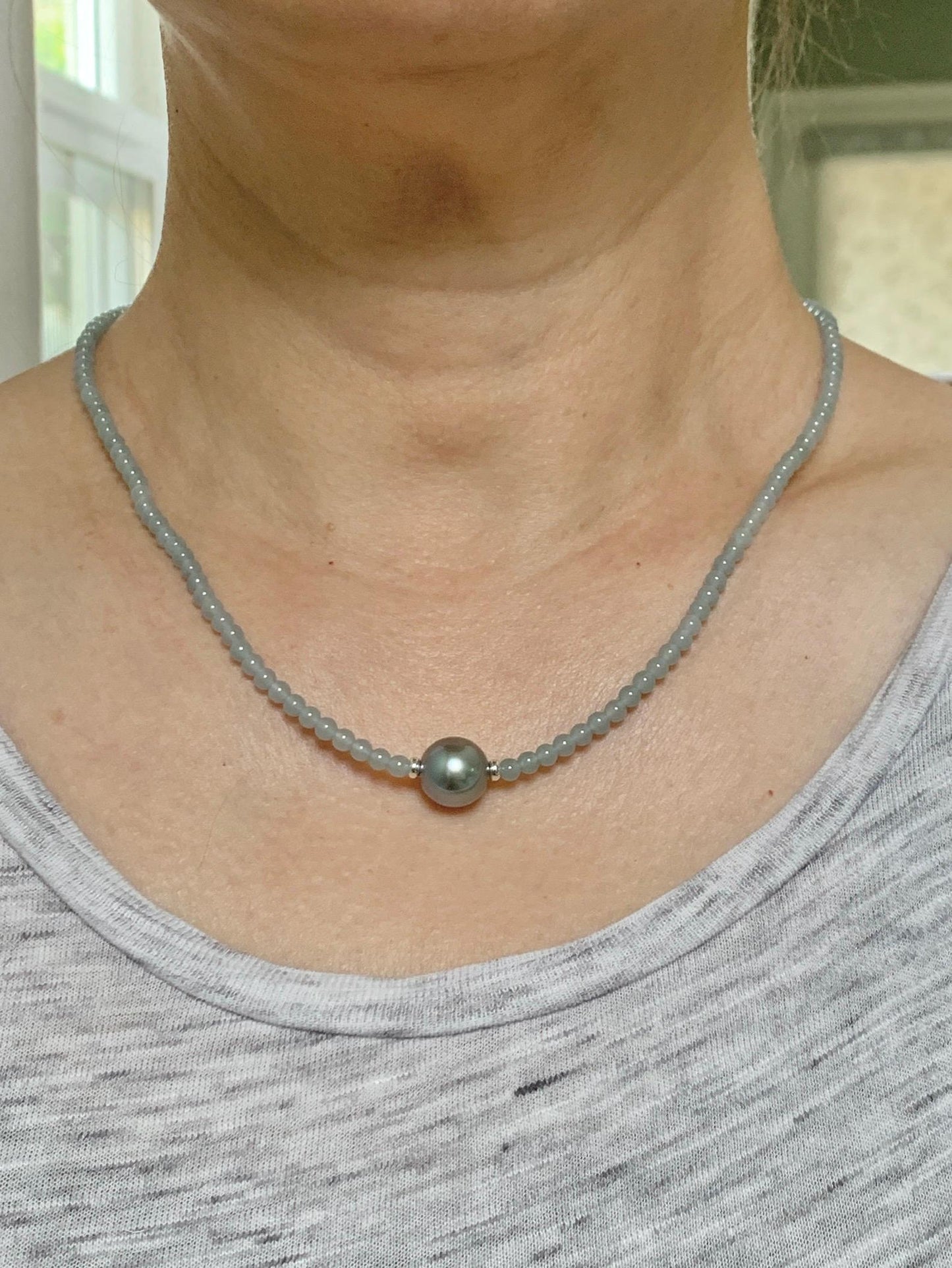 Natural Grade A Icy Translucent Pastel Blue Jade Jadeite Platinum Tahitian Pearl Sterling Silver Beaded Necklace 18.5” 天然冰胶危蓝翡翠小珠大溪地珍珠项链WDXL