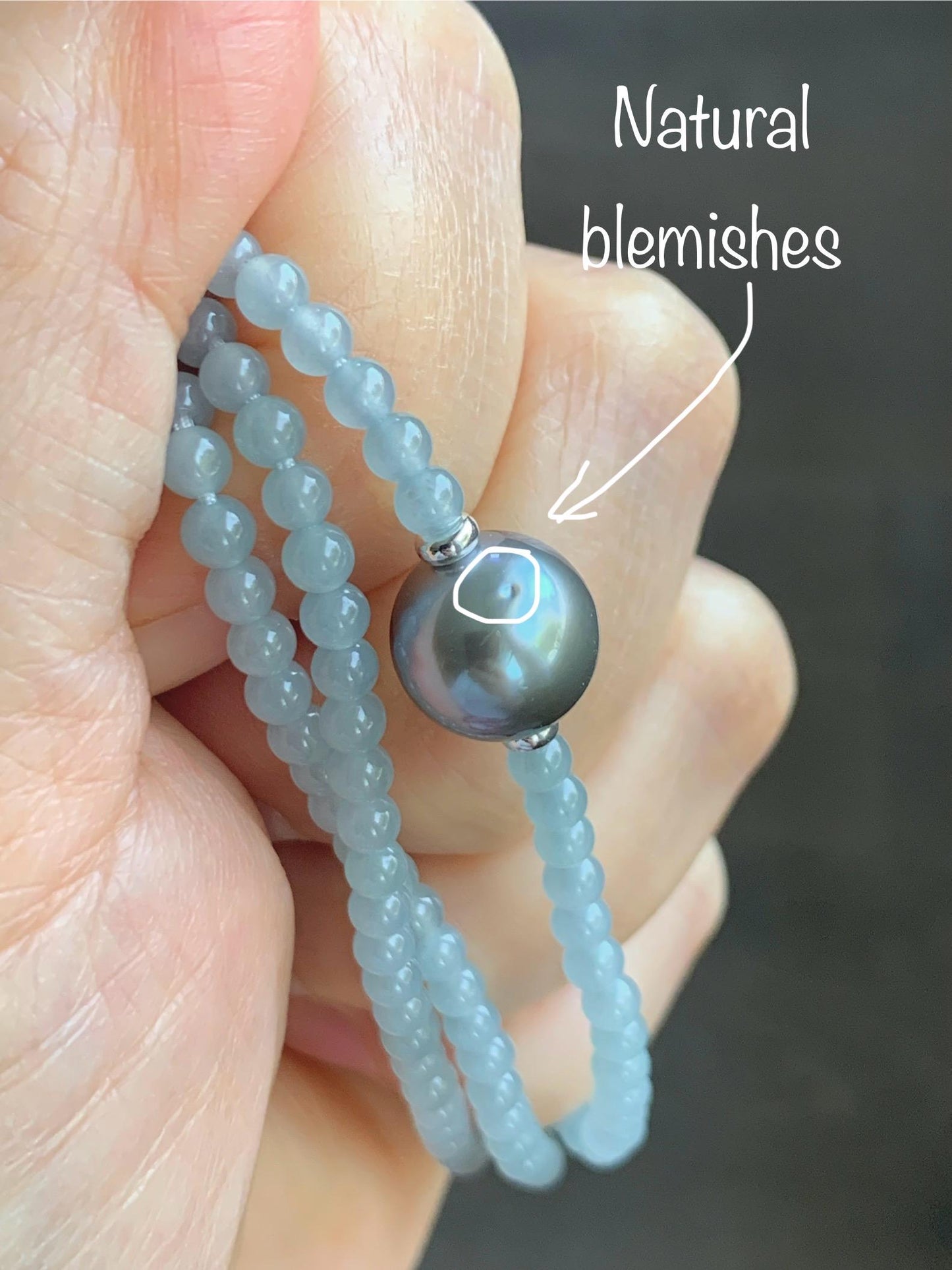 Natural Grade A Icy Translucent Pastel Blue Jade Jadeite Platinum Tahitian Pearl Sterling Silver Beaded Necklace 18.5” 天然冰胶危蓝翡翠小珠大溪地珍珠项链WDXL