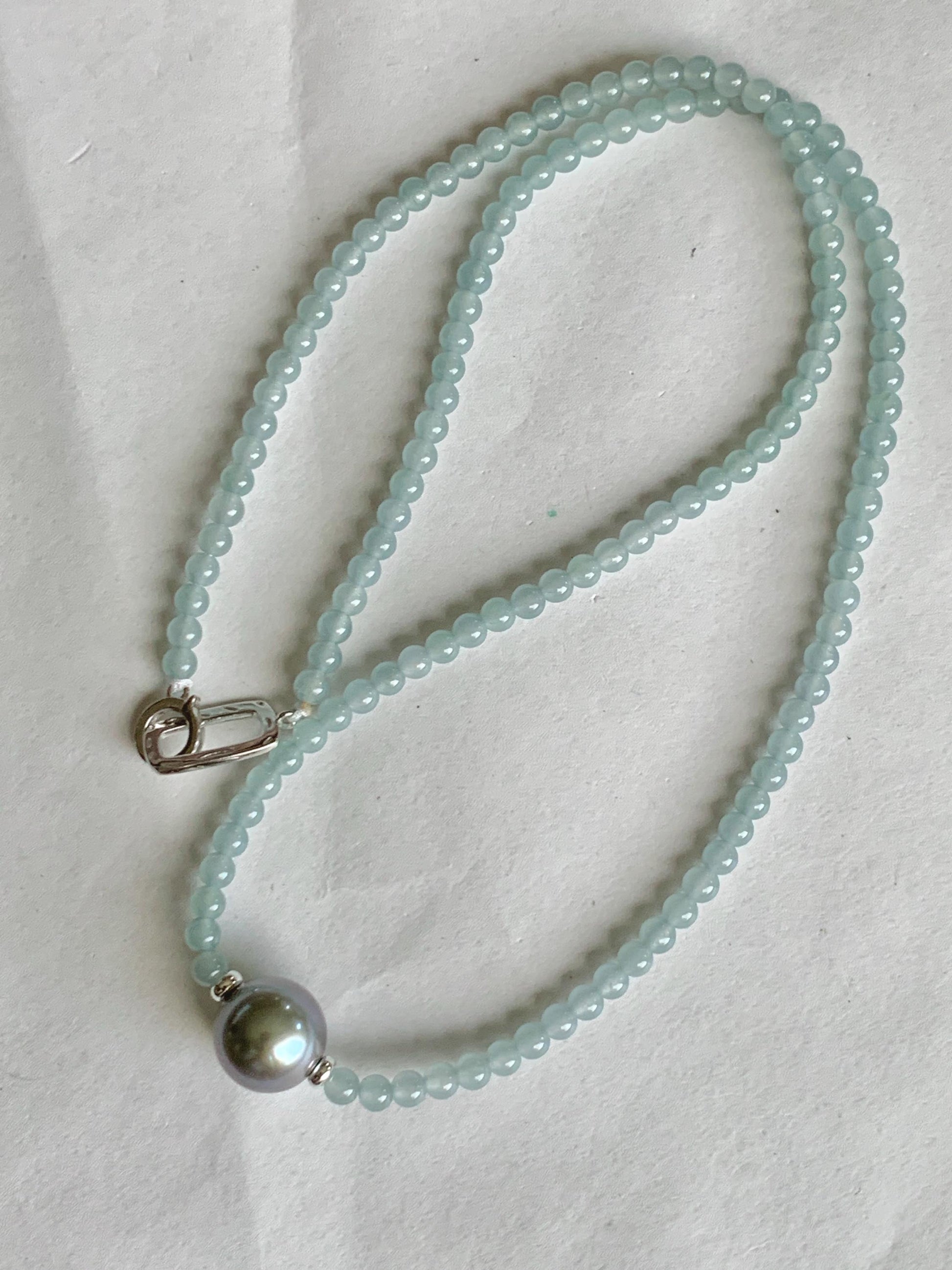 Natural Grade A Icy Translucent Pastel Blue Jade Jadeite Platinum Tahitian Pearl Sterling Silver Beaded Necklace 18.5” 天然冰胶危蓝翡翠小珠大溪地珍珠项链WDXL
