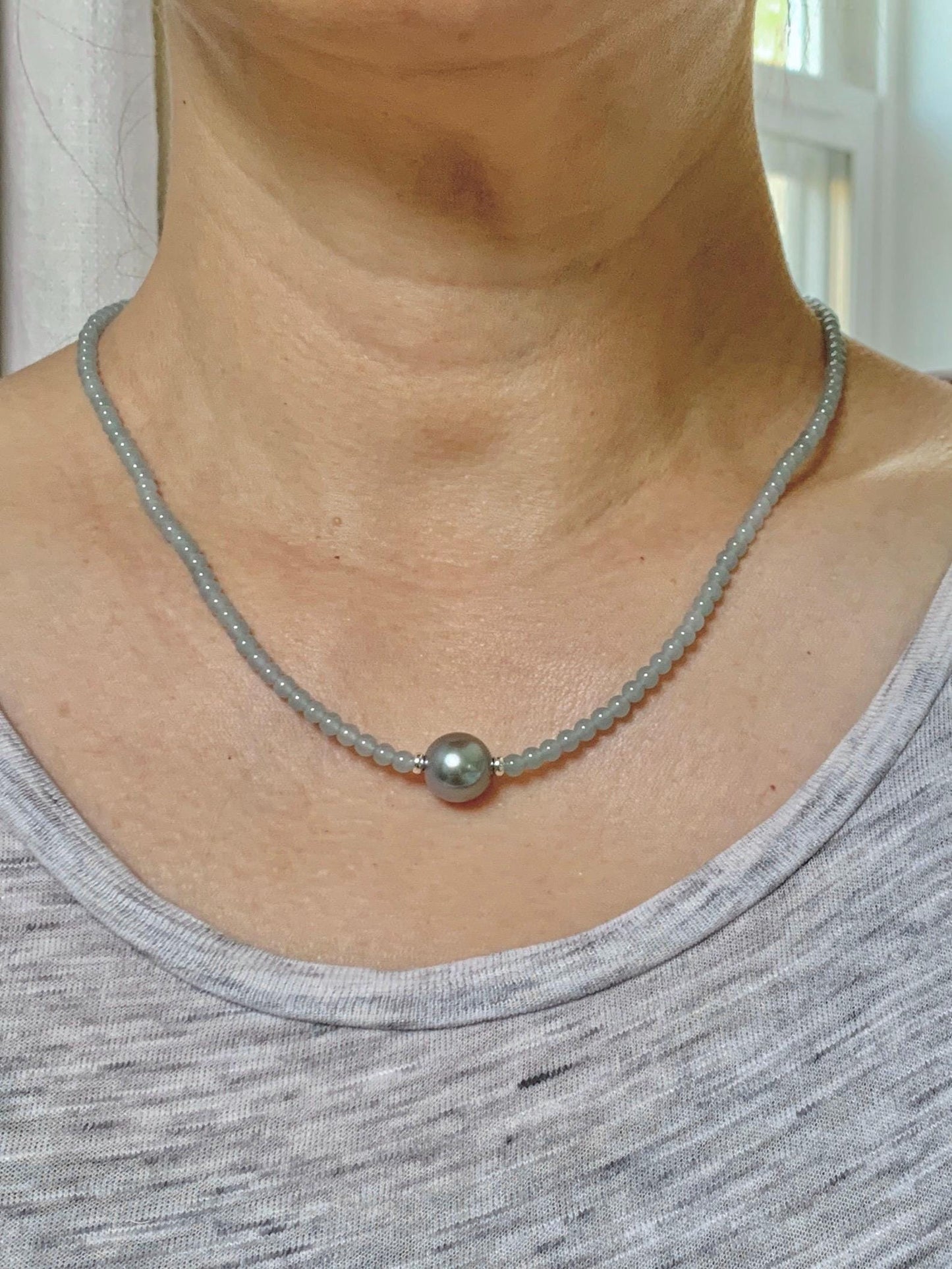 Natural Grade A Icy Translucent Pastel Blue Jade Jadeite Platinum Tahitian Pearl Sterling Silver Beaded Necklace 18.5” 天然冰胶危蓝翡翠小珠大溪地珍珠项链WDXL