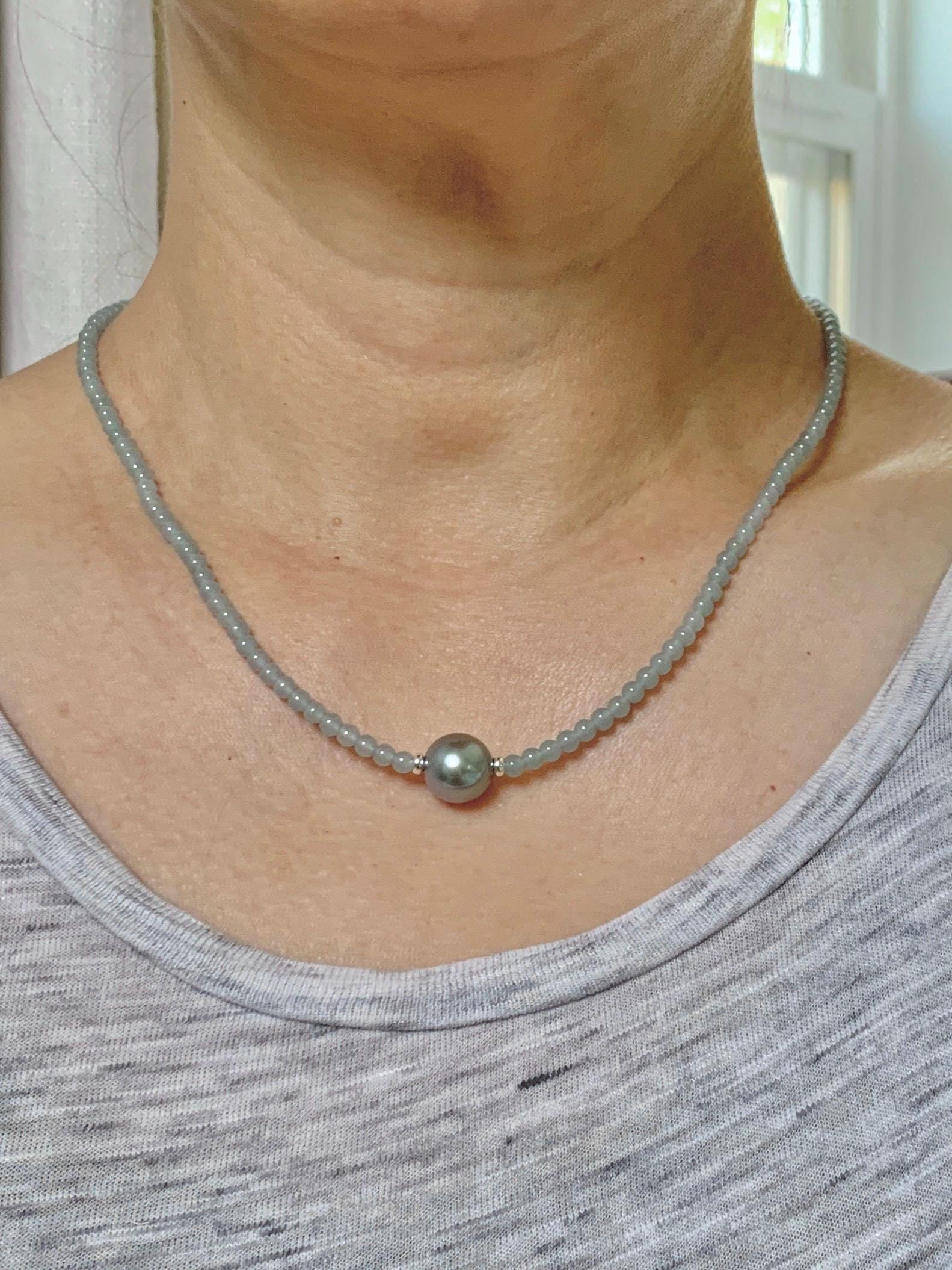 Natural Grade A Icy Translucent Pastel Blue Jade Jadeite Platinum Tahitian Pearl Sterling Silver Beaded Necklace 18.5” 天然冰胶危蓝翡翠小珠大溪地珍珠项链WDXL