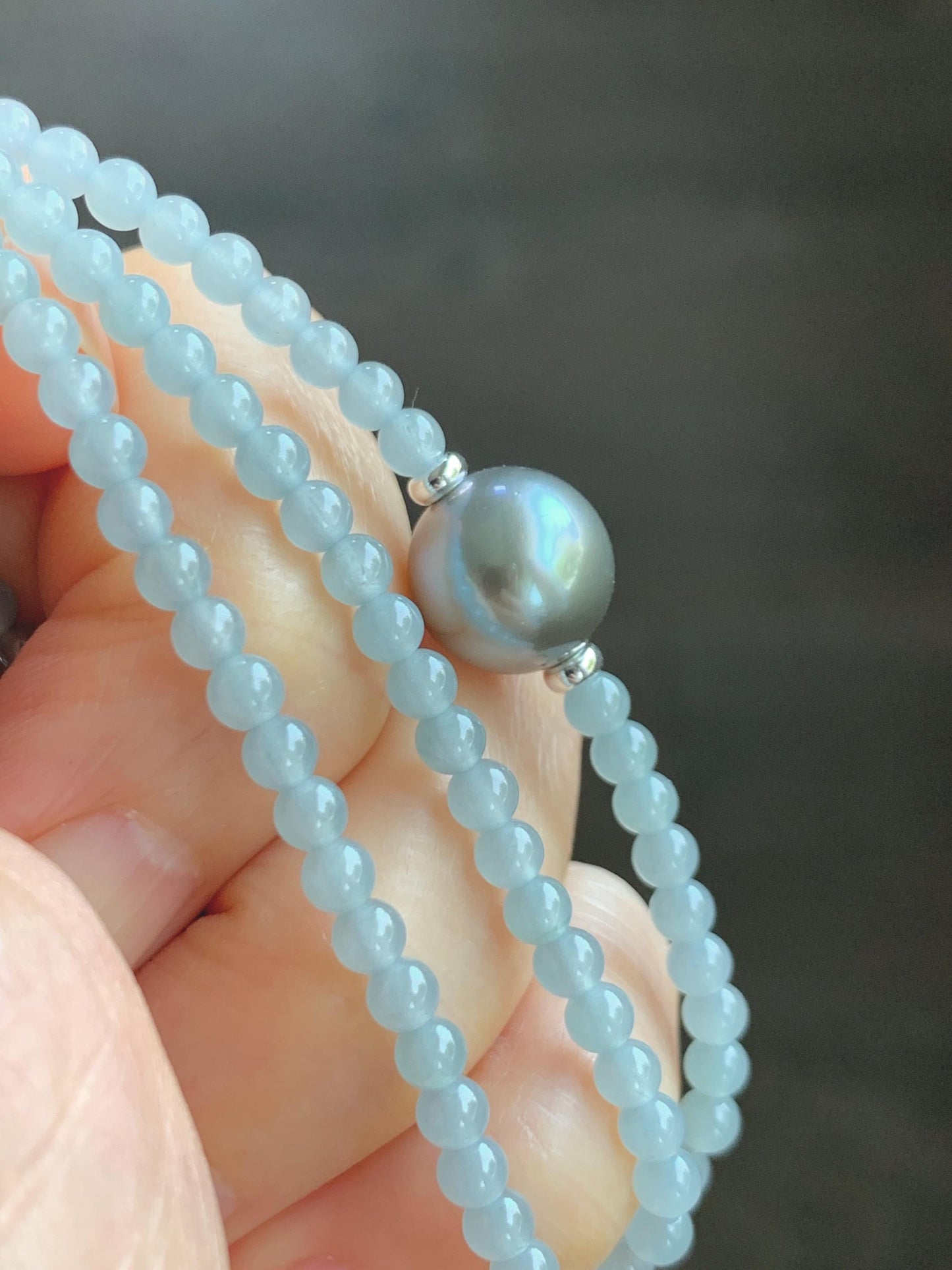 Natural Grade A Icy Translucent Pastel Blue Jade Jadeite Platinum Tahitian Pearl Sterling Silver Beaded Necklace 18.5” 天然冰胶危蓝翡翠小珠大溪地珍珠项链WDXL