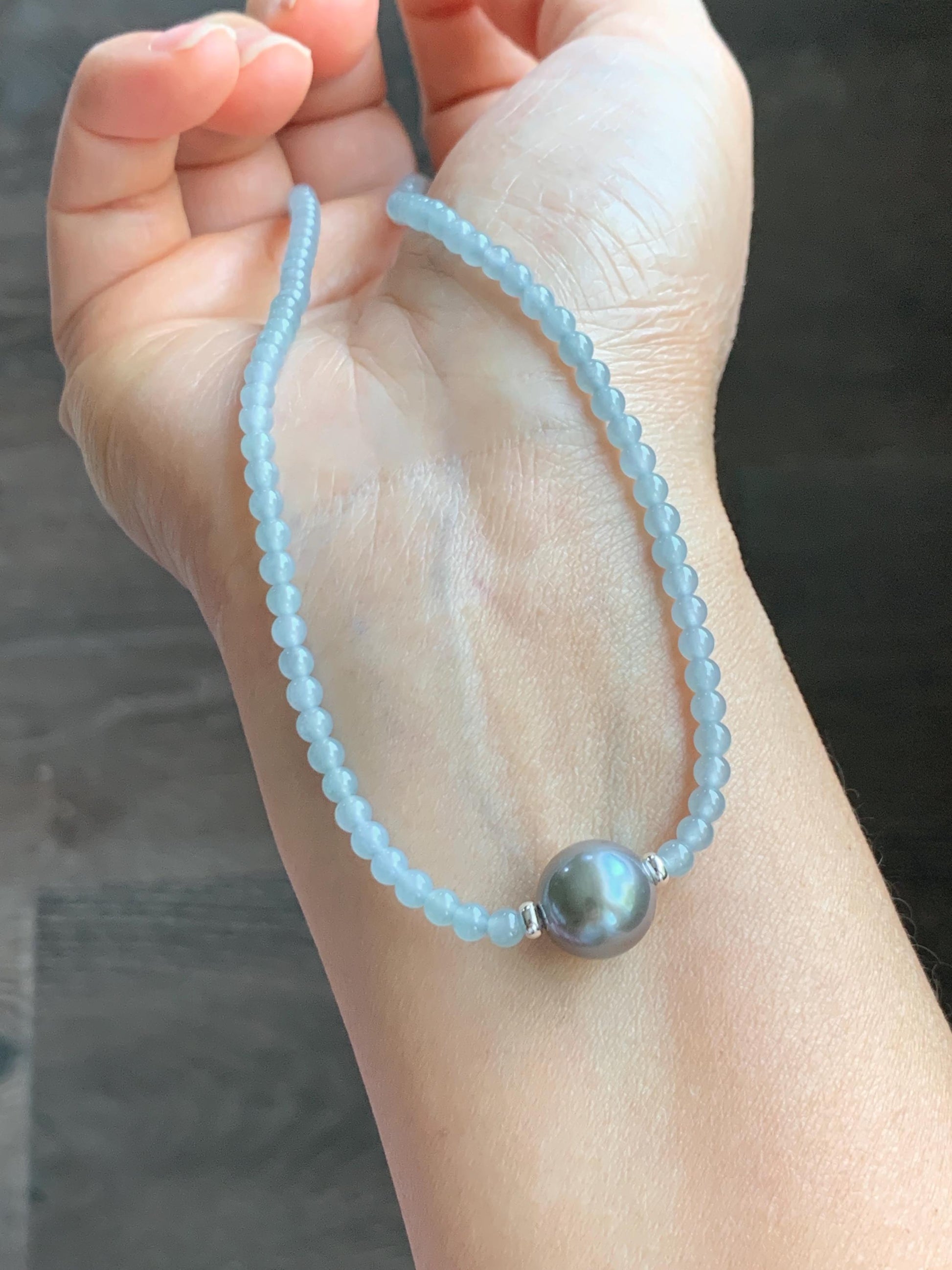 Natural Grade A Icy Translucent Pastel Blue Jade Jadeite Platinum Tahitian Pearl Sterling Silver Beaded Necklace 18.5” 天然冰胶危蓝翡翠小珠大溪地珍珠项链WDXL