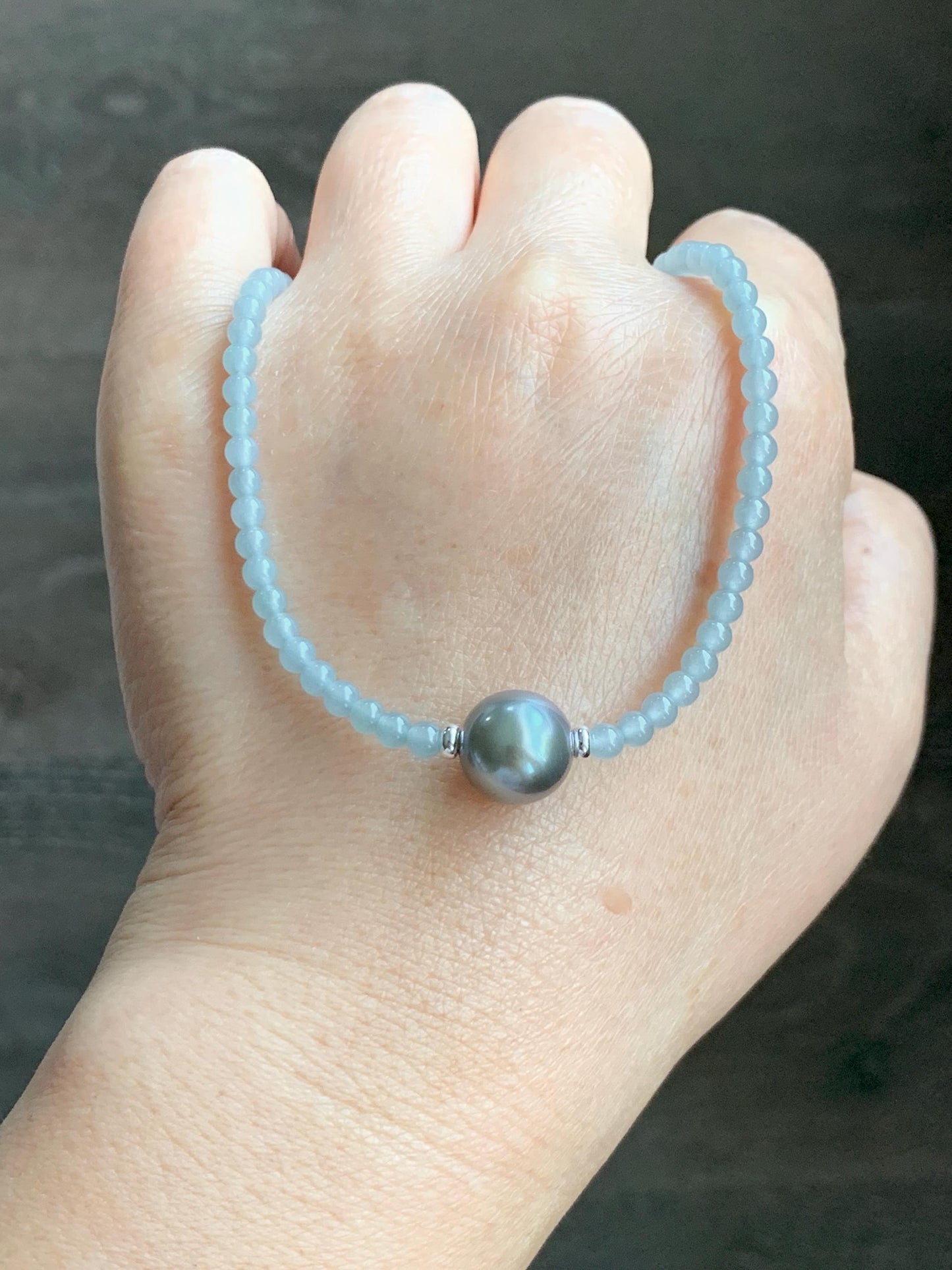 Natural Grade A Icy Translucent Pastel Blue Jade Jadeite Platinum Tahitian Pearl Sterling Silver Beaded Necklace 18.5” 天然冰胶危蓝翡翠小珠大溪地珍珠项链WDXL
