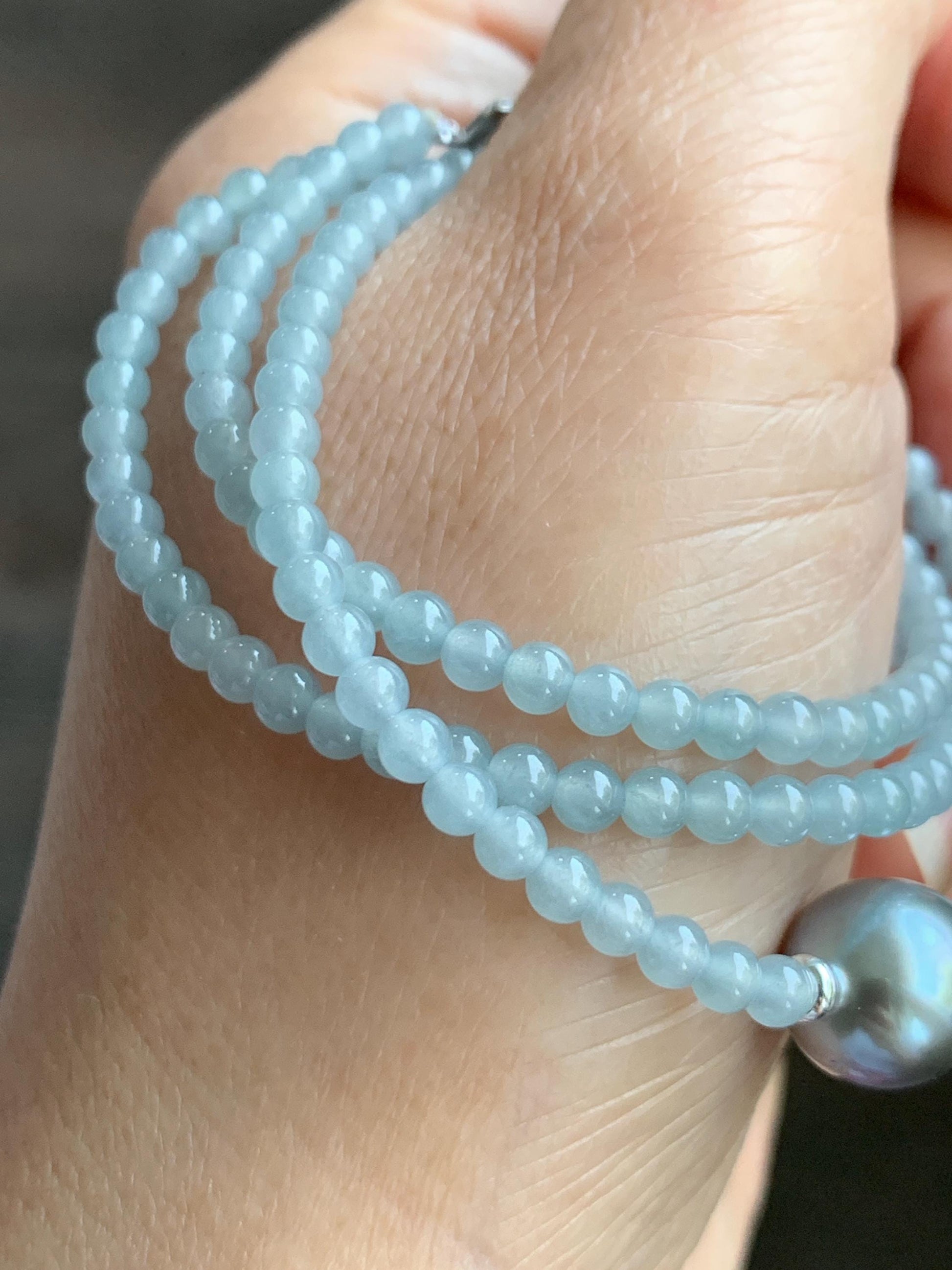 Natural Grade A Icy Translucent Pastel Blue Jade Jadeite Platinum Tahitian Pearl Sterling Silver Beaded Necklace 18.5” 天然冰胶危蓝翡翠小珠大溪地珍珠项链WDXL