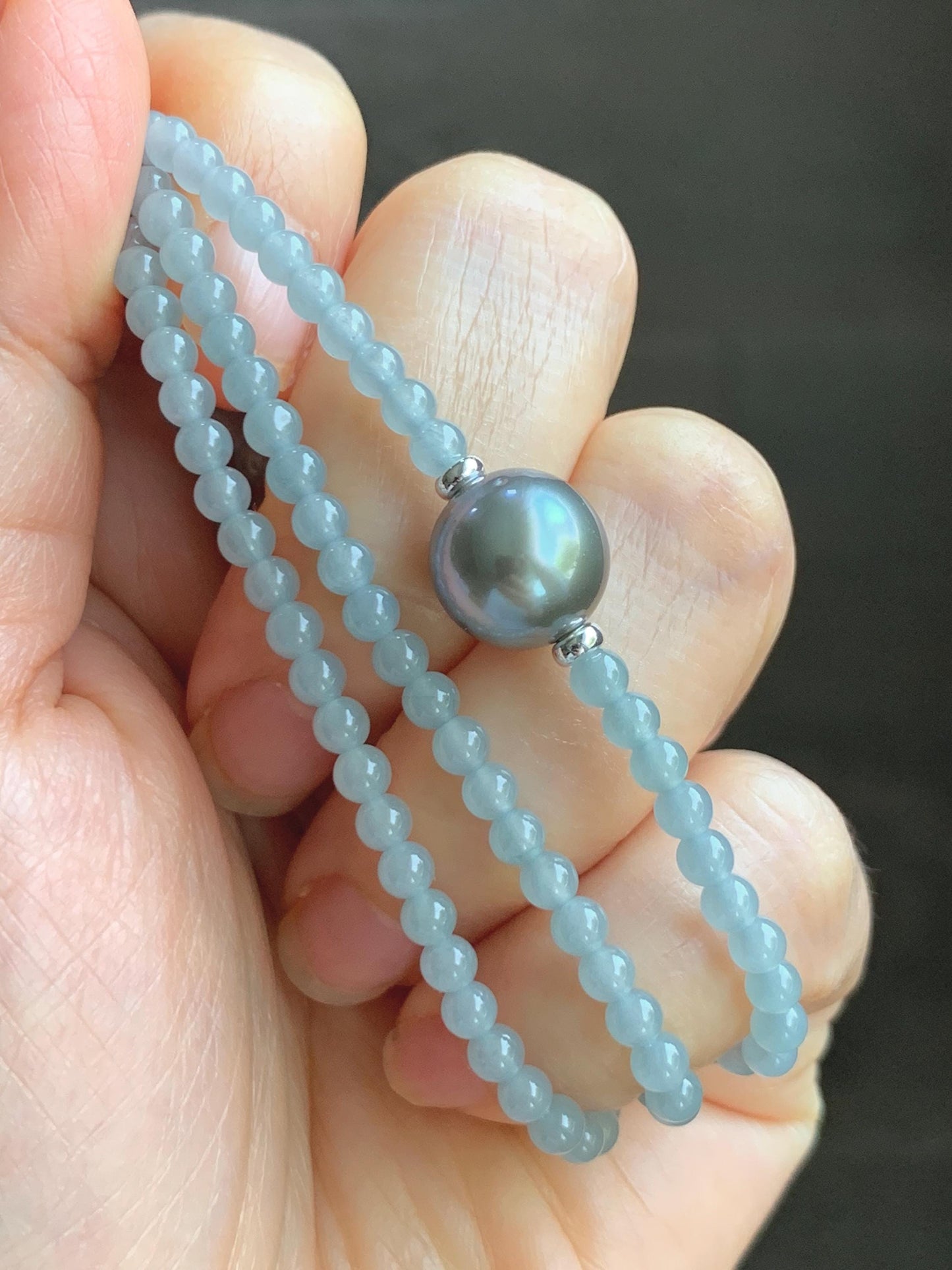Natural Grade A Icy Translucent Pastel Blue Jade Jadeite Platinum Tahitian Pearl Sterling Silver Beaded Necklace 18.5” 天然冰胶危蓝翡翠小珠大溪地珍珠项链WDXL