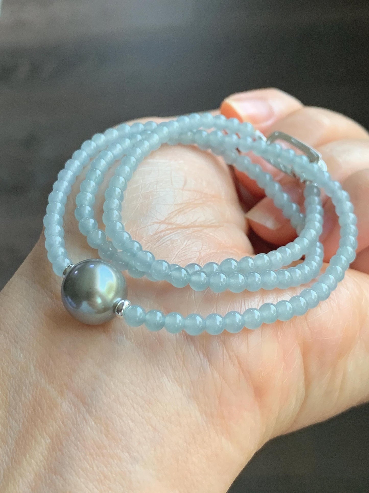 Natural Grade A Icy Translucent Pastel Blue Jade Jadeite Platinum Tahitian Pearl Sterling Silver Beaded Necklace 18.5” 天然冰胶危蓝翡翠小珠大溪地珍珠项链WDXL