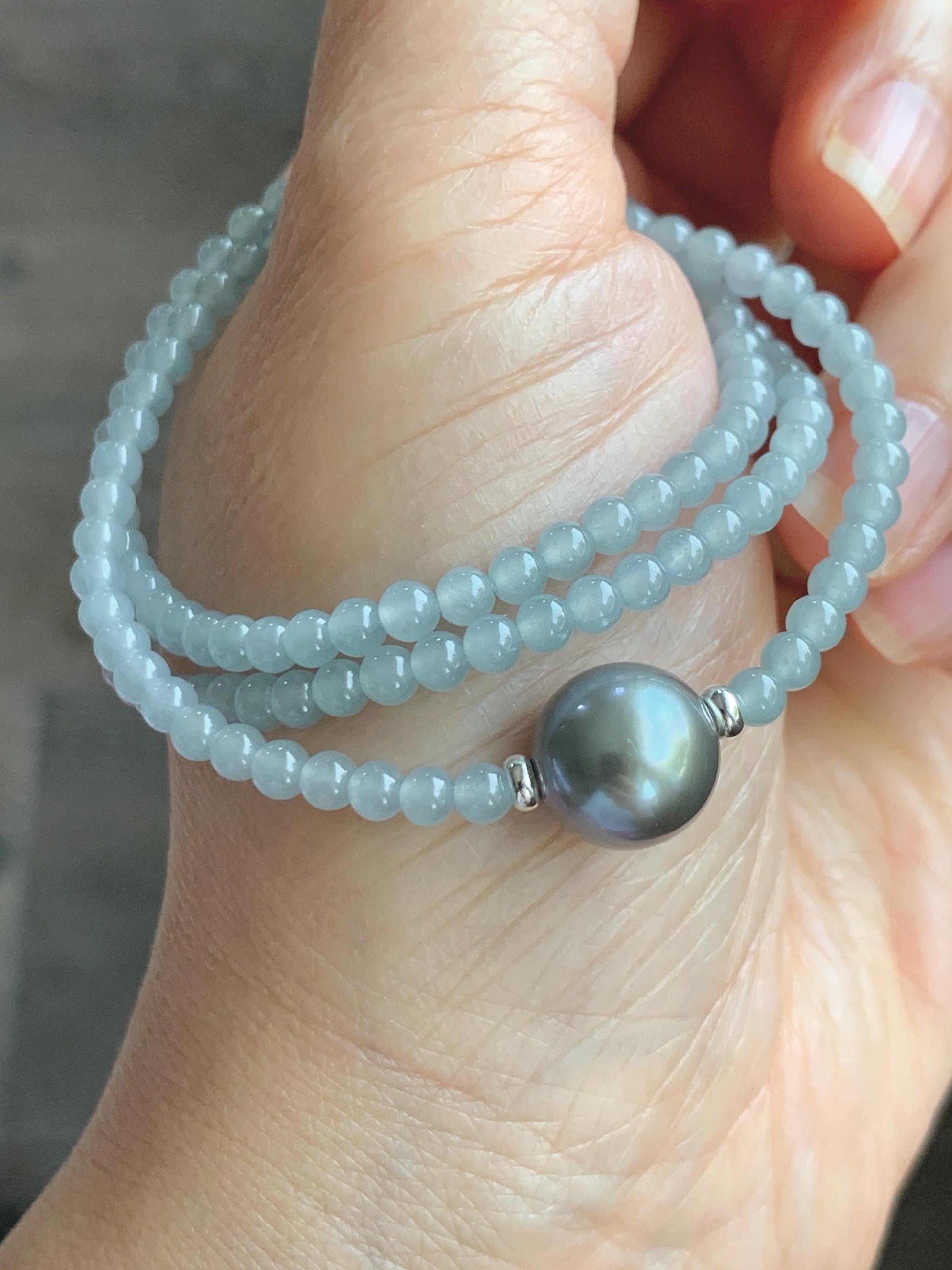 Natural Grade A Icy Translucent Pastel Blue Jade Jadeite Platinum Tahitian Pearl Sterling Silver Beaded Necklace 18.5” 天然冰胶危蓝翡翠小珠大溪地珍珠项链WDXL